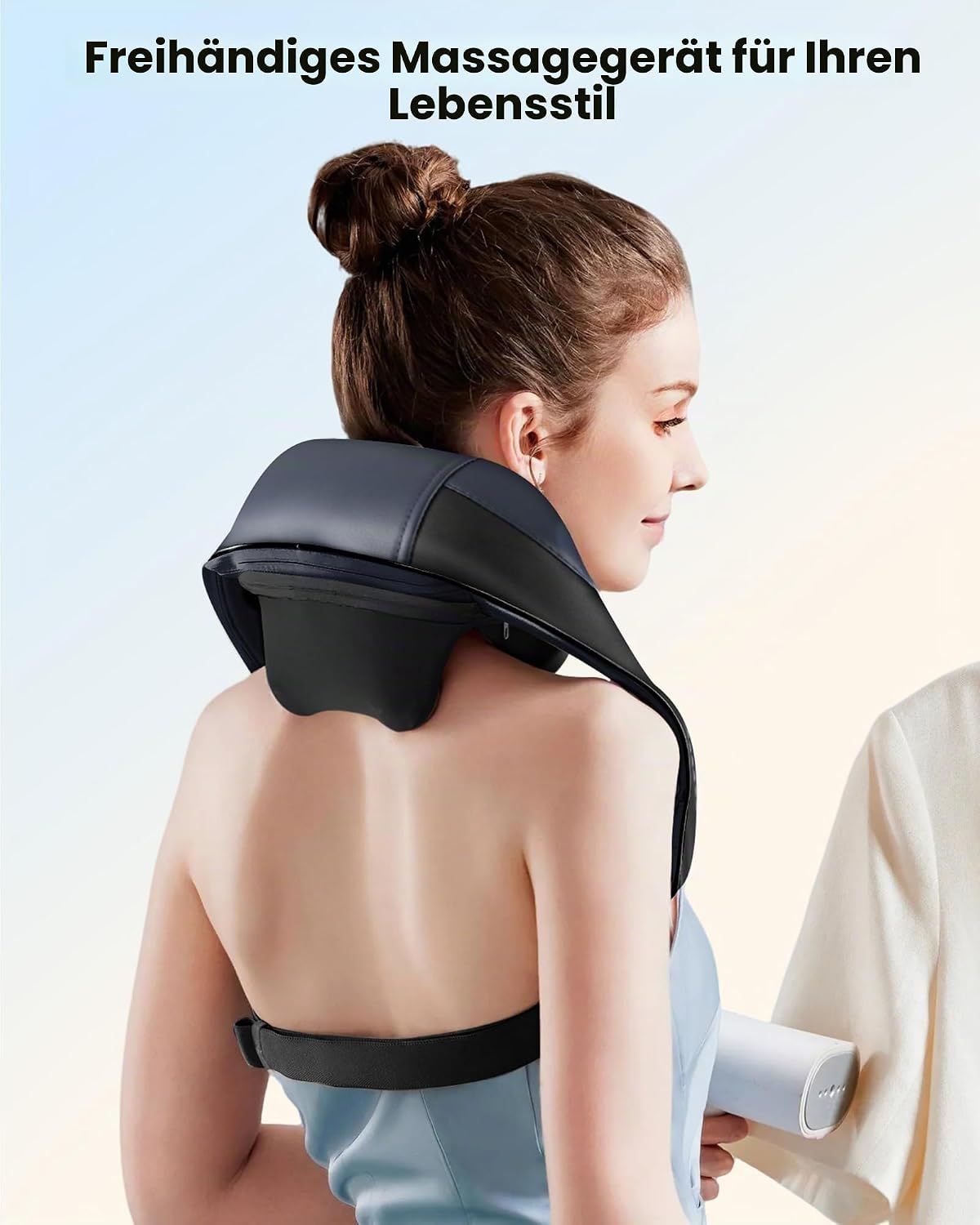 Nackenmassagegerät mit Heizelementen, das an Nacken, Waden, Beinen und Taille angewendet wird.