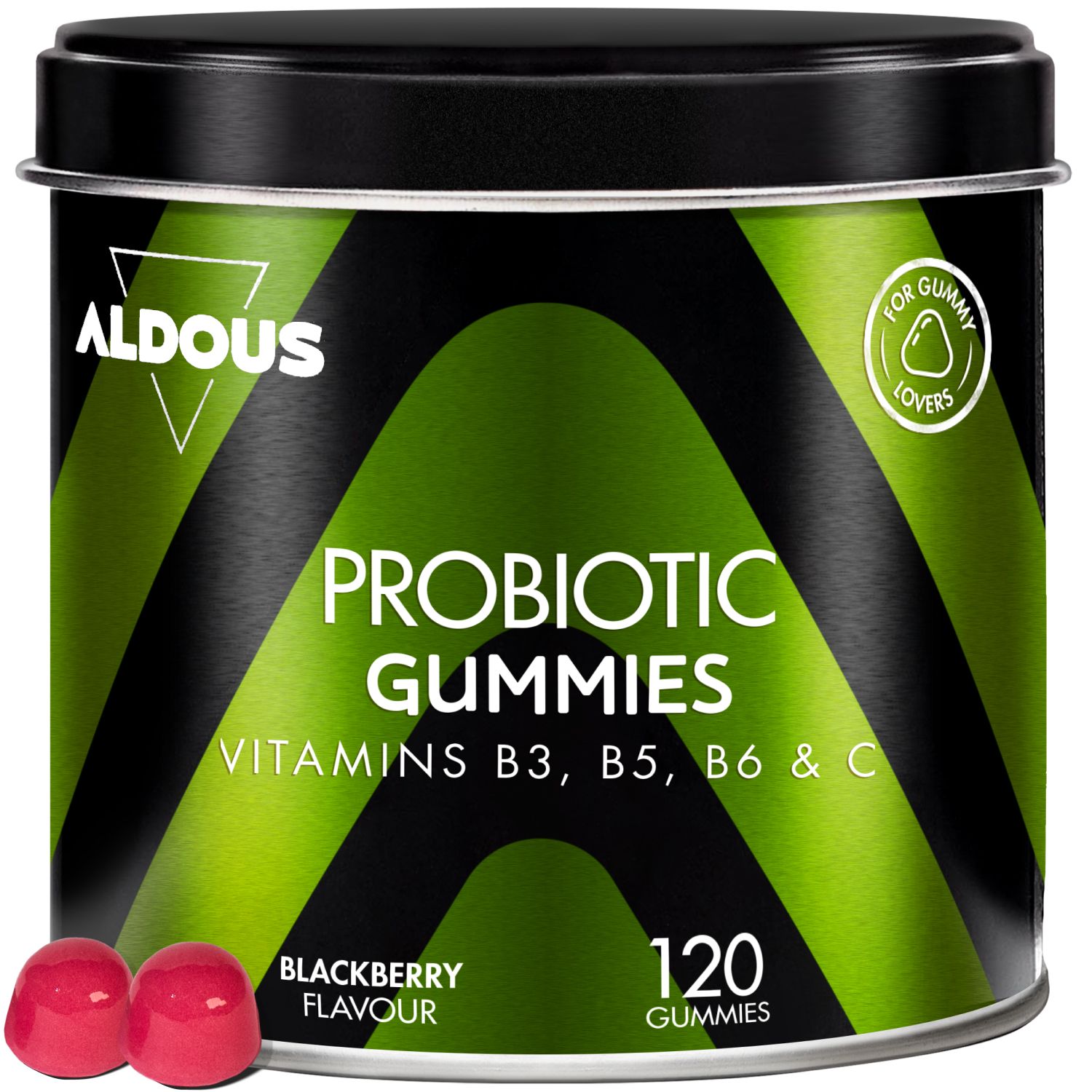 Aldous Probiotische Gummibonbons in schwarzer Dose mit grünem Design. Enthält 120 Gummibonbons.