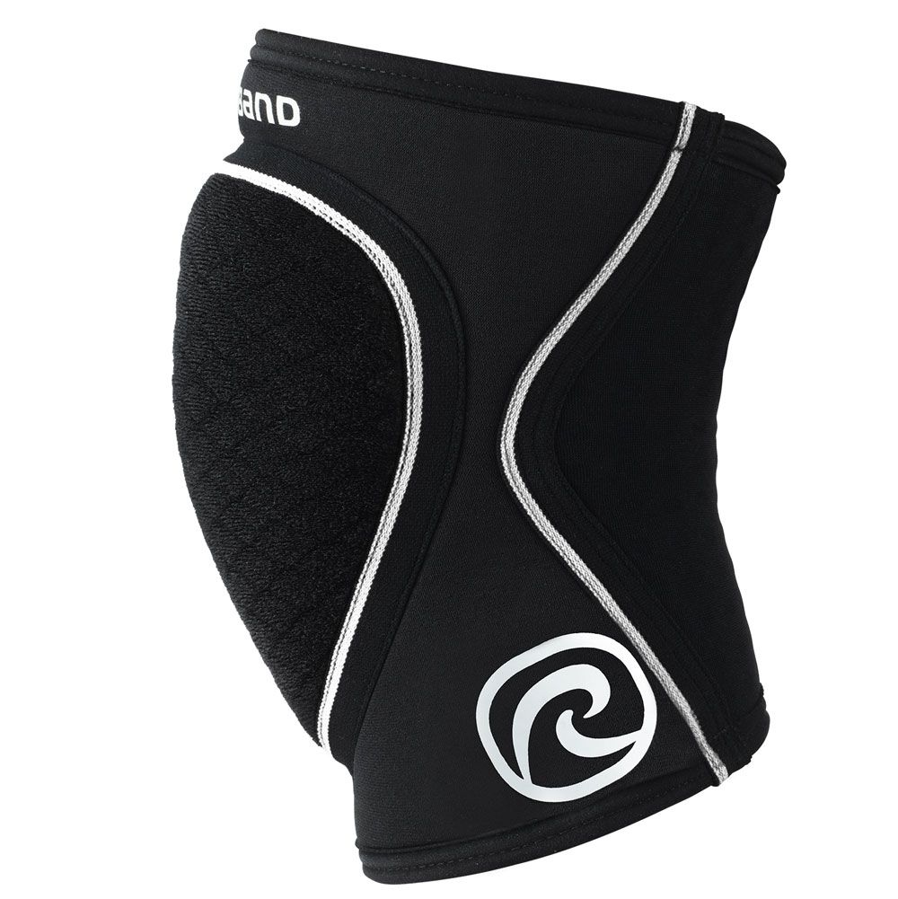 Schwarzer Kniepolster mit weißer Umrandung und Logo. Gepolsterter Bereich. Marke Rehband nicht sichtbar.