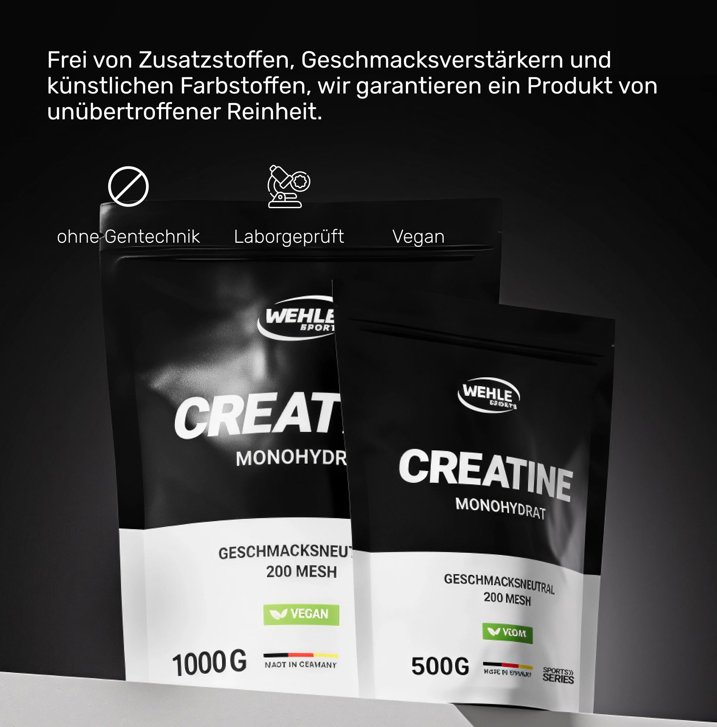 Zwei schwarze Beutel mit weißem Boden. Aufschrift: CREATINE MONOHYDRAT. Enthält 1000g und 500g. Vegan. Ohne Gentechnik.