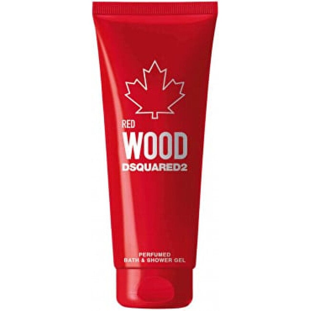 Rote Tube mit weißem Ahornblatt-Logo und Schriftzug "RED WOOD DSQUARED2". "PERFUMED BATH & SHOWER GEL" steht unten.
