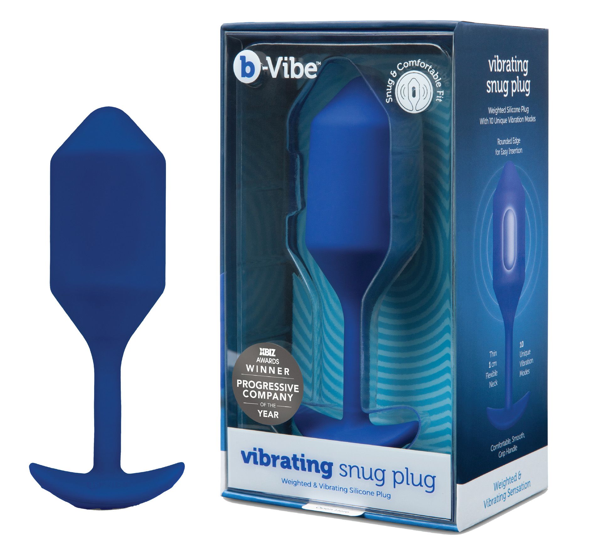 Blauer Plug und Produktverpackung. Text: b-Vibe, Vibrating Snug Plug, Progressive Company Award.
