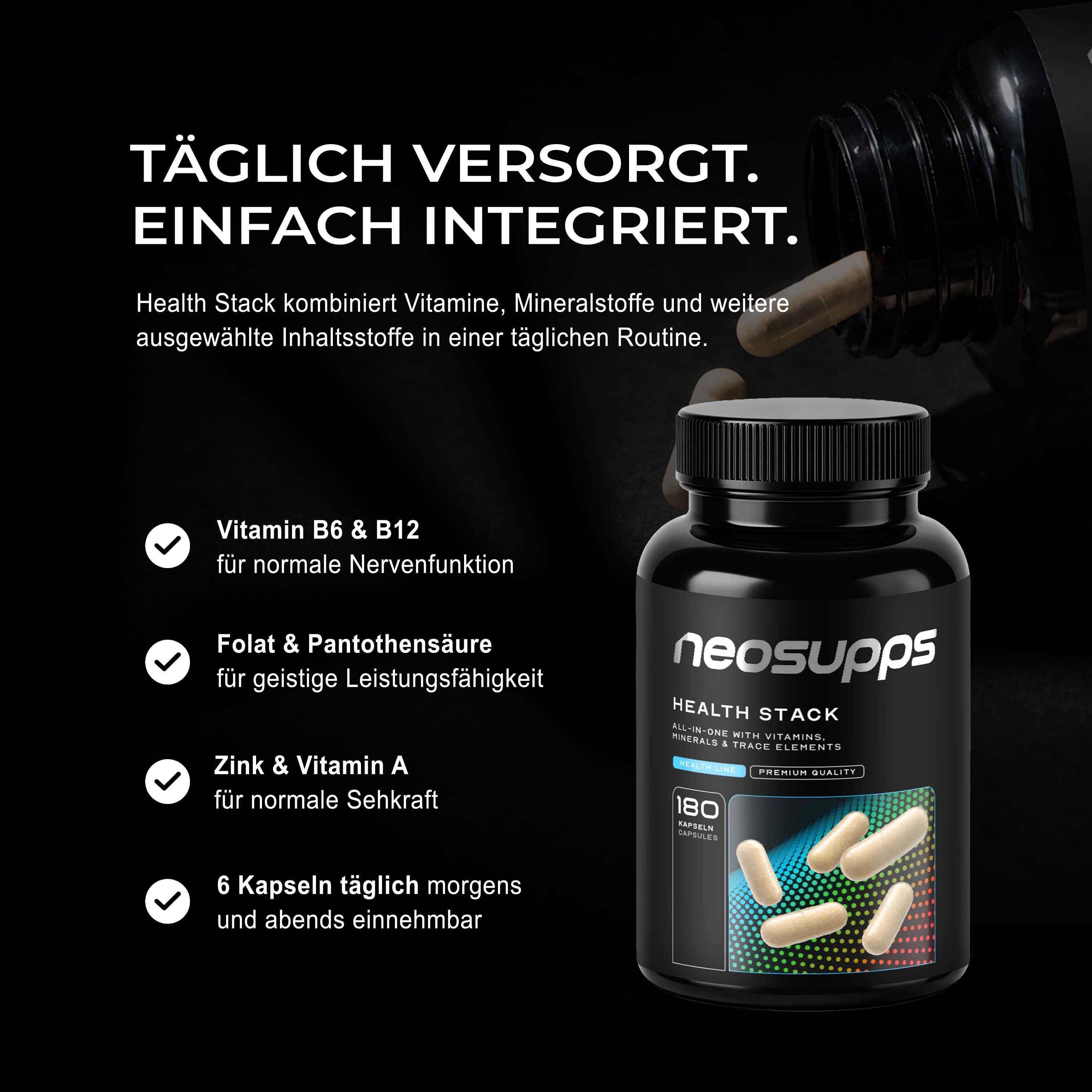 Neosupps Health Stack Dose mit Liste von Vorteilen: Vitamine B6 & B12 für Nerven, Folat & Pantothensäure für geistige Leistung.