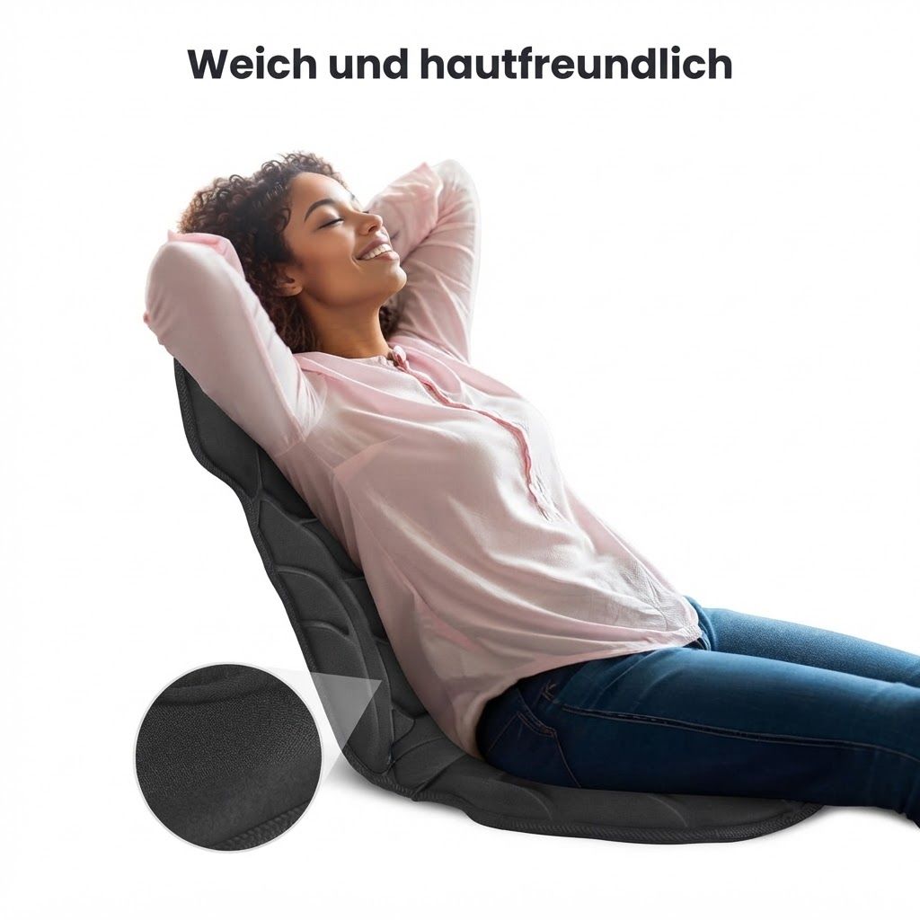 Mann sitzt am Schreibtisch, während ein Massagegerät mit roten Lichtern am Rücken verwendet wird.