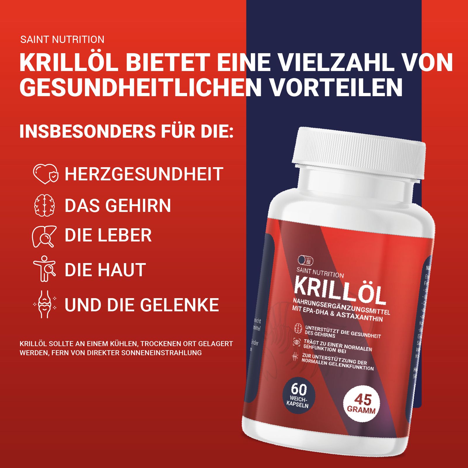 Flasche mit Krillöl vor rotem Hintergrund. Text: Krillöl bietet gesundheitliche Vorteile. Für Herz, Gehirn, Leber, Haut, Gelenke.