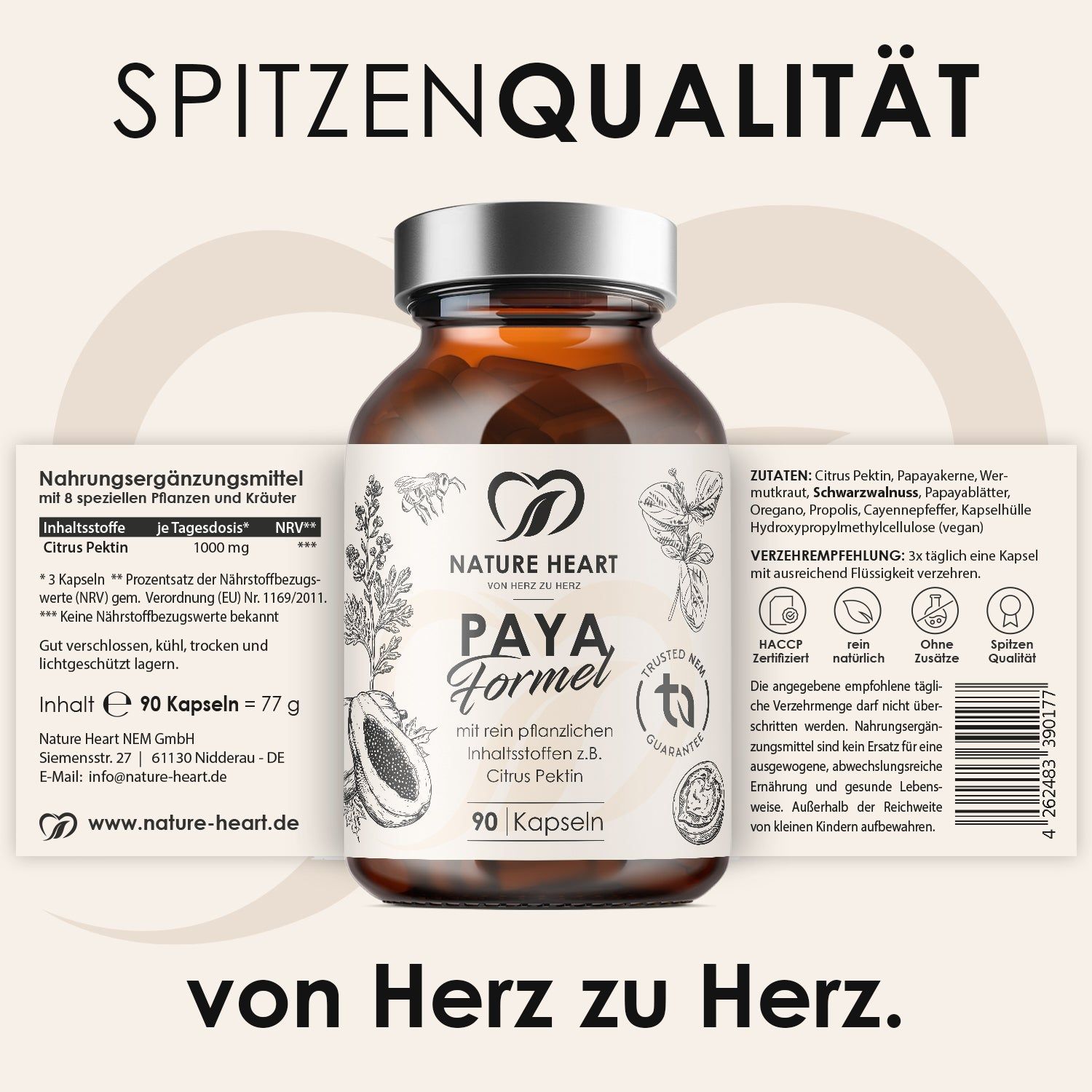 Braune Glasflasche mit 90 Kapseln, "PAYA Formel" von Nature Heart, mit pflanzlichen Inhaltsstoffen.