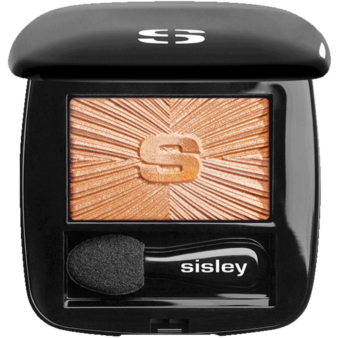 Schwarzer Sisley Lidschatten-Kompaktpuder mit goldfarbenem Lidschatten und Applikator. Logo 'S' auf dem Lidschatten.
