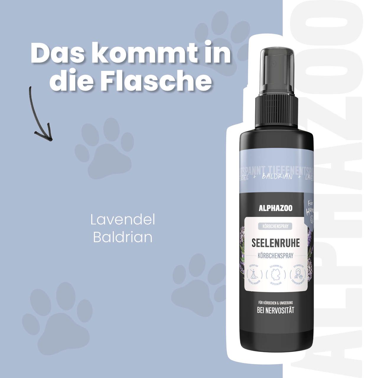 Sprühflasche mit Text: ALPHAZOO, Seelenruhe Körbchenspray. Pfotenabdrücke. Text: Lavendel, Baldrian.