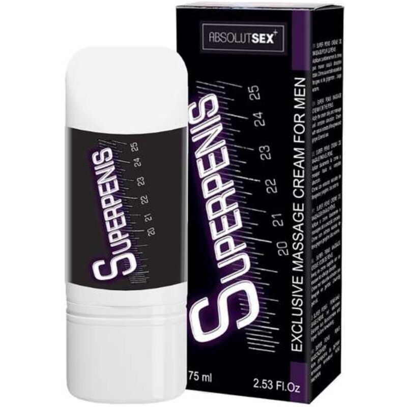Creme-Tube und Verpackung. Aufschrift: SUPERPENIS, EXCLUSIVE MASSAGE CREAM FOR MEN. Marke: ABSOLUTSEX. Mit Messskala. 75 ml.