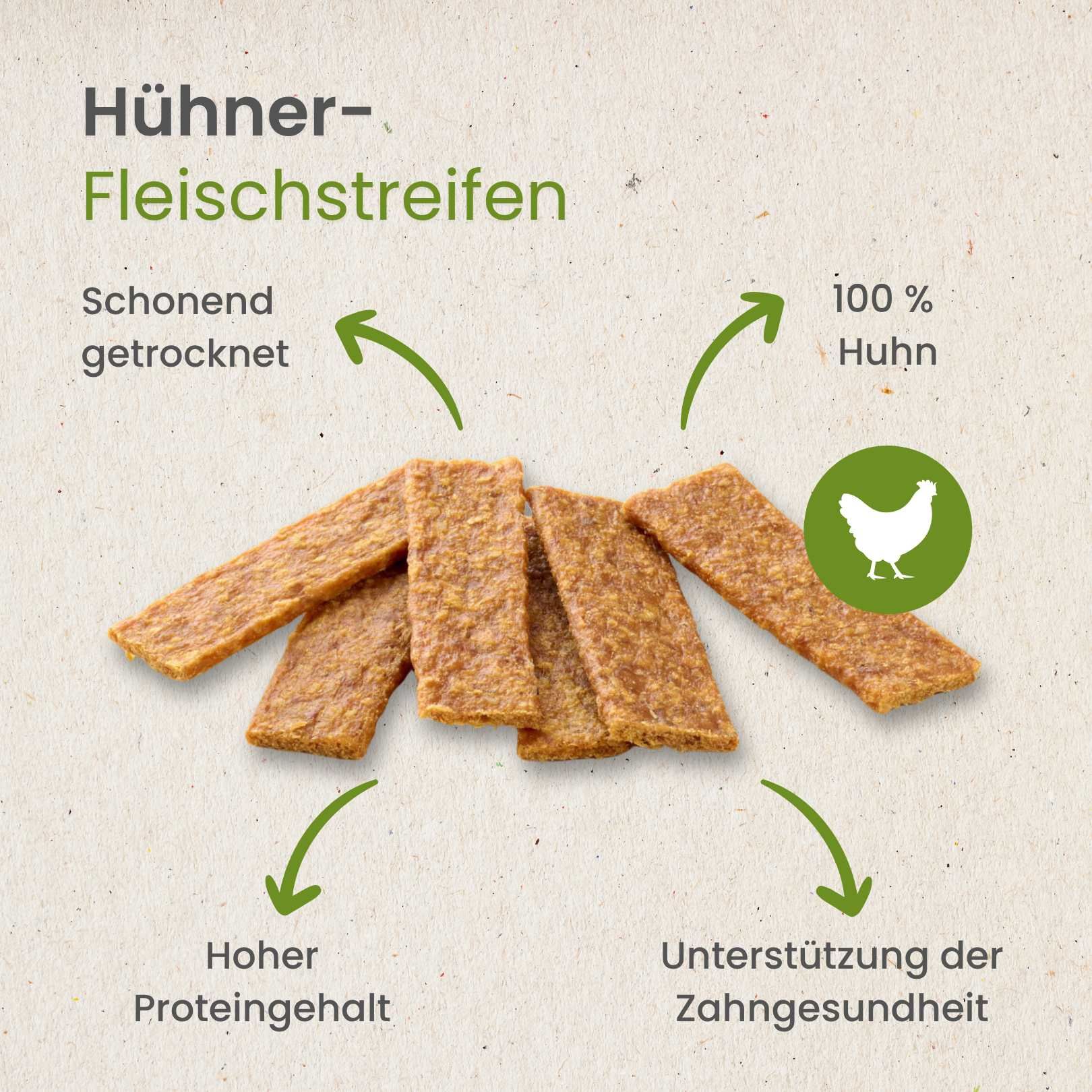 Hühner-Fleischstreifen, schonend getrocknet, 100% Huhn, hoher Proteingehalt.