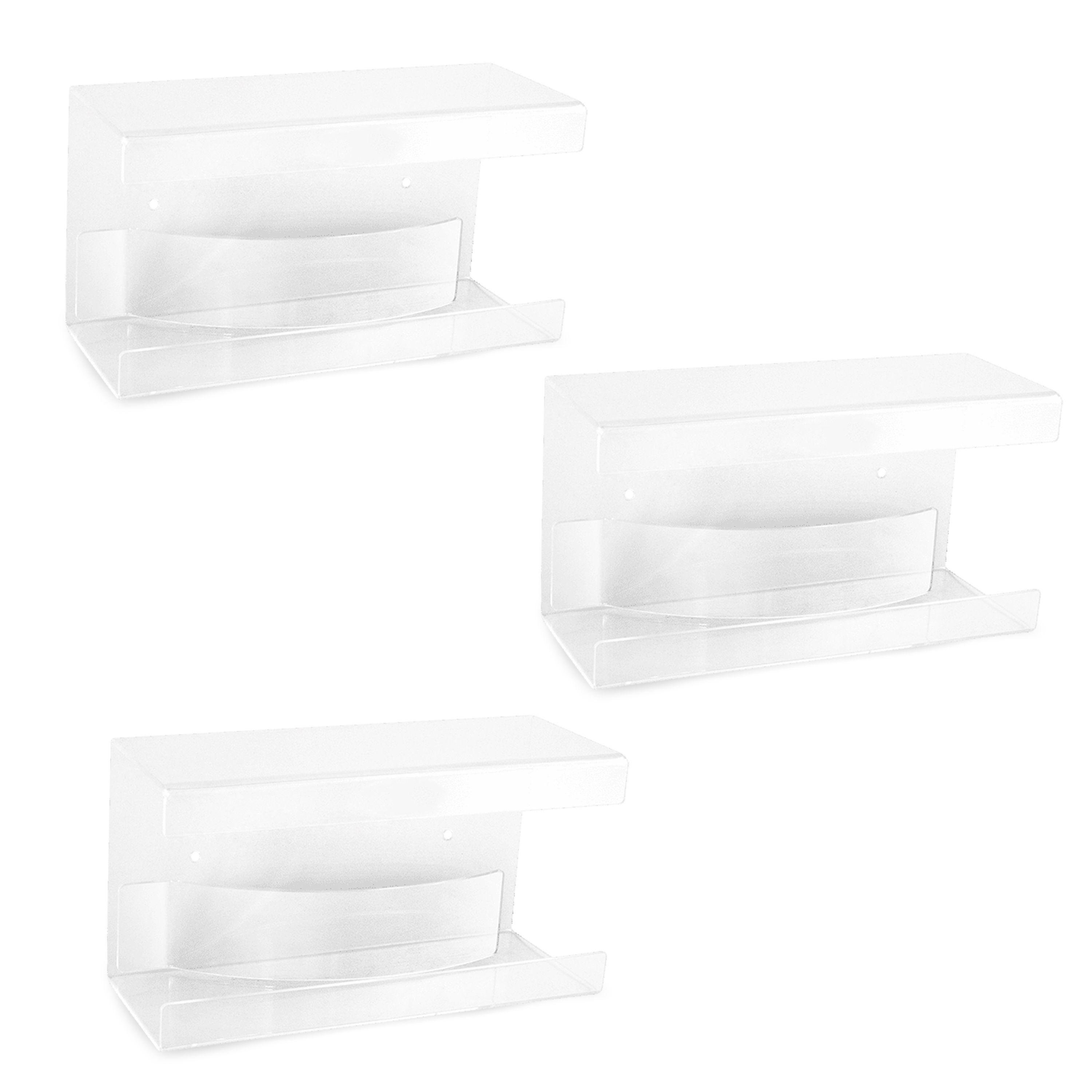 Drei transparente Acryl-Handschuhhalterungen mit Feder. Jede Halterung hat eine rechteckige Form mit einem Fach und einer Ablage.