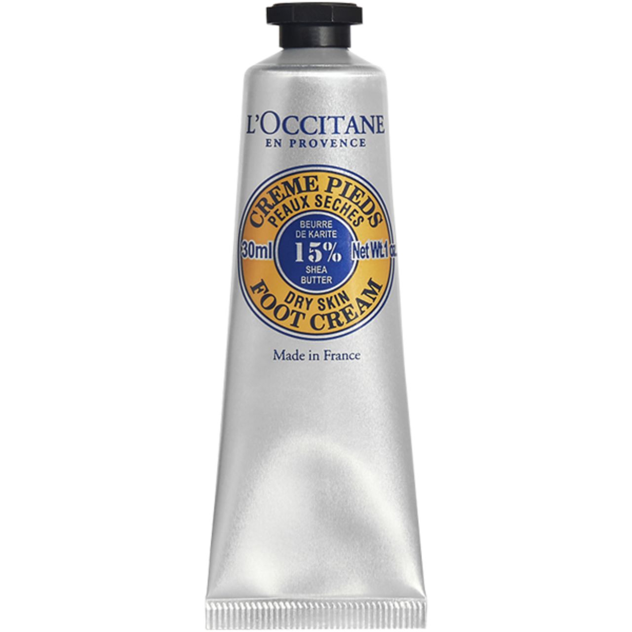 Silberne Tube mit schwarzem Deckel. Aufschrift: L'Occitane, Crème Pieds Peaux Sèches, 15% Shea Butter, Foot Cream. 30ml.
