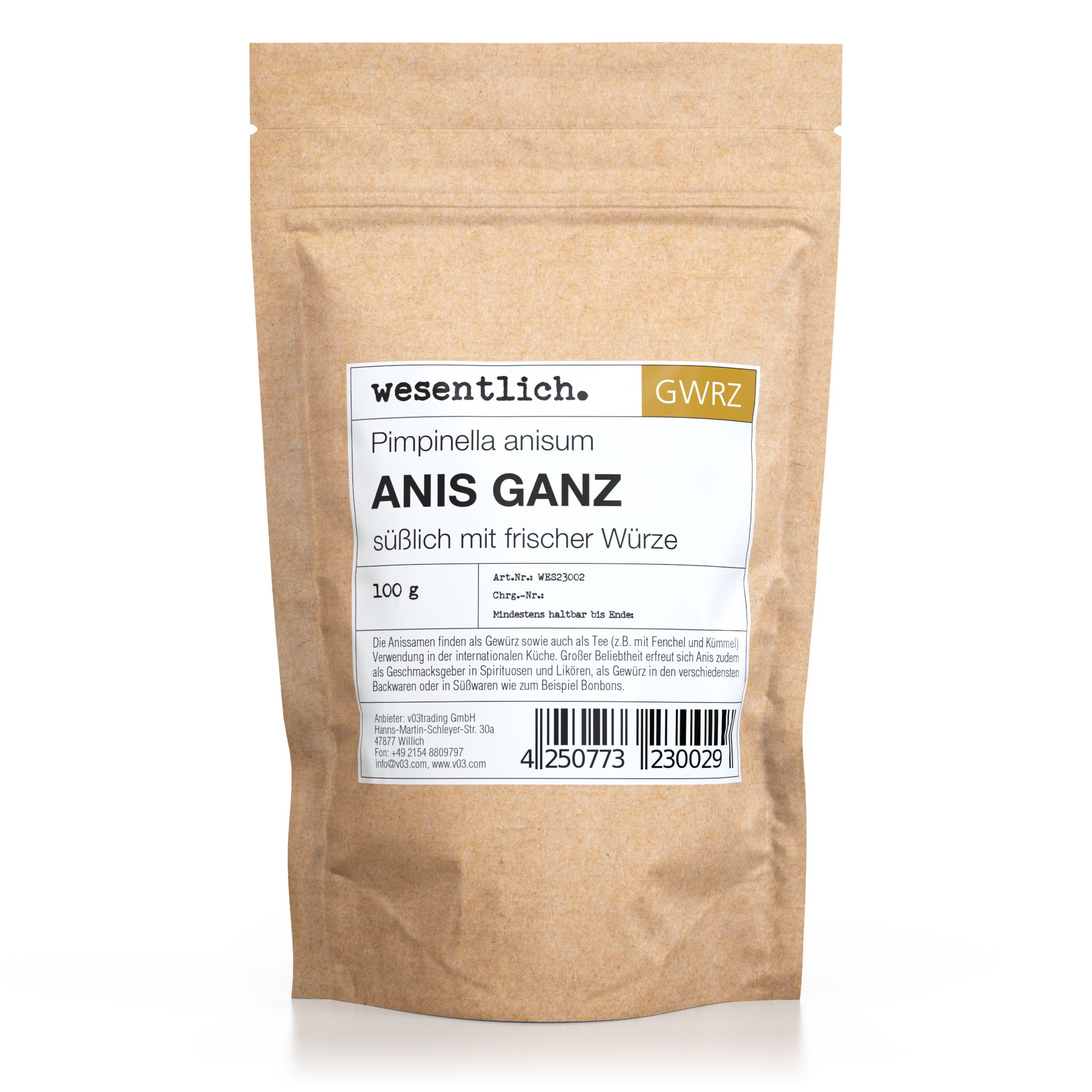 Braune Papierverpackung mit Aufschrift "wesentlich.", "ANIS GANZ" und "100 g".