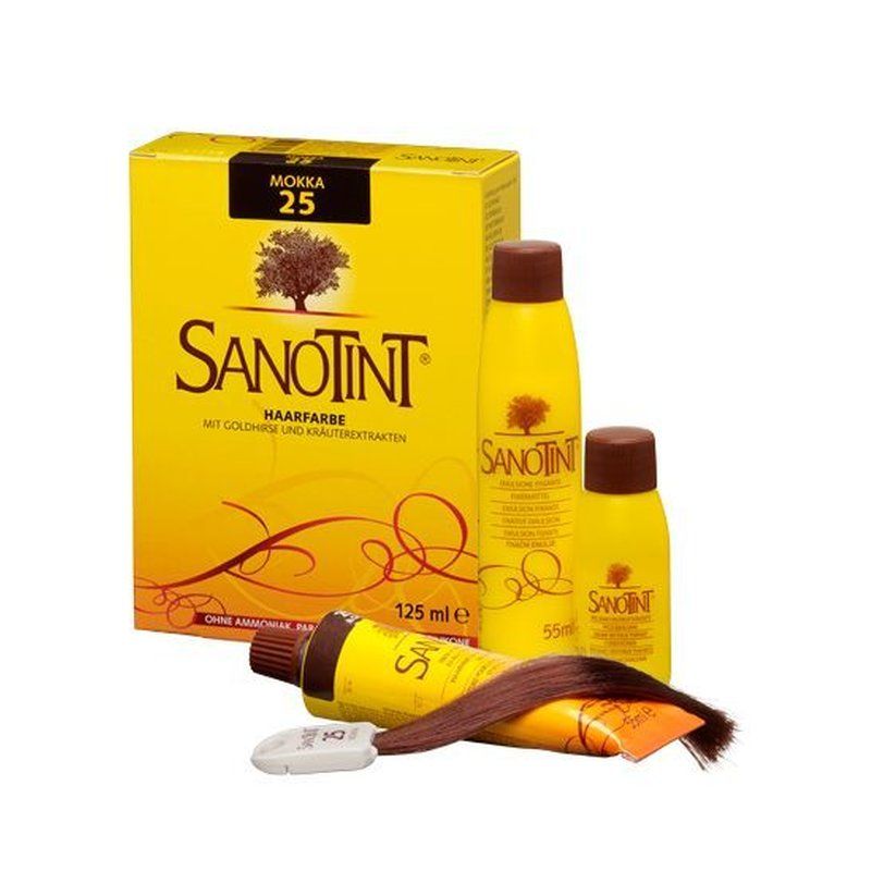Sanotint Haarfarbe Classic 25 Mokka. Gelbe Verpackung mit Produktnamen und Baumlogo. Enthält Flaschen und eine Tube mit Haarfarbe.