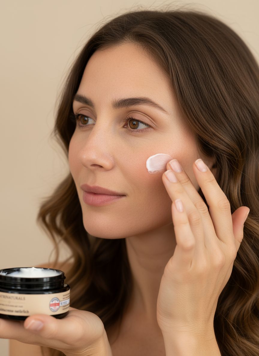 Frau trägt Creme auf das Gesicht auf. Offener Tiegel mit Creme sichtbar. Aufschrift: KatriNaturals, Gesichtscreme natürlich.