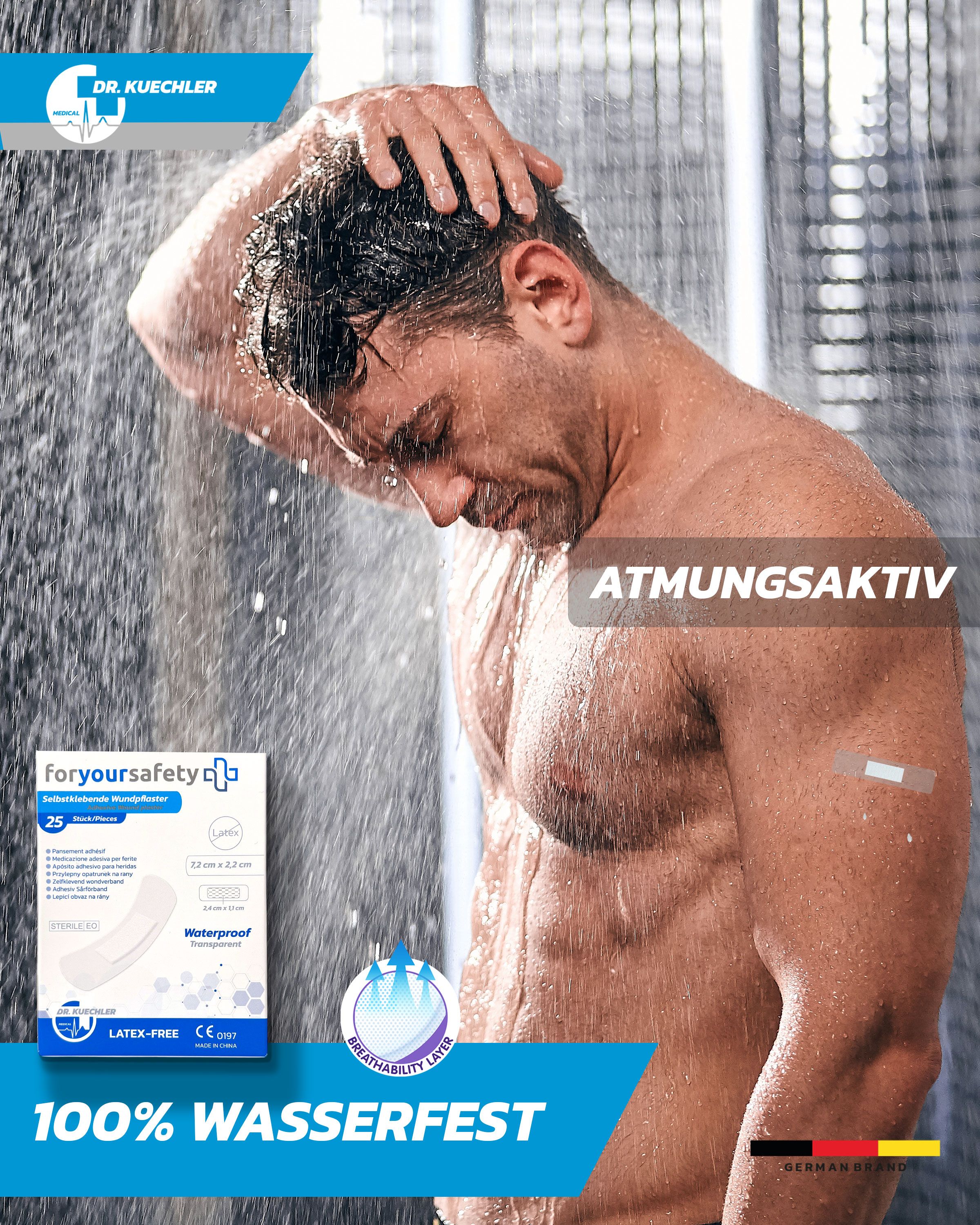Wasserdichtes, atmungsaktives Wundpflaster für den Duschgebrauch.