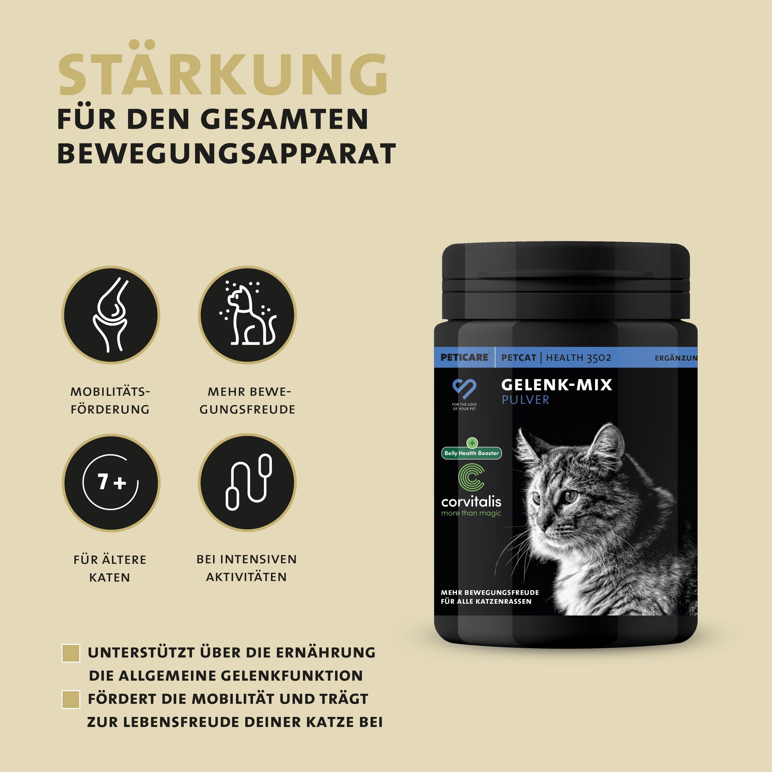 Peticare Gelenk-Mix Pulver. Dose. Text: Stärkung für den gesamten Bewegungsapparat. Für ältere Katzen.