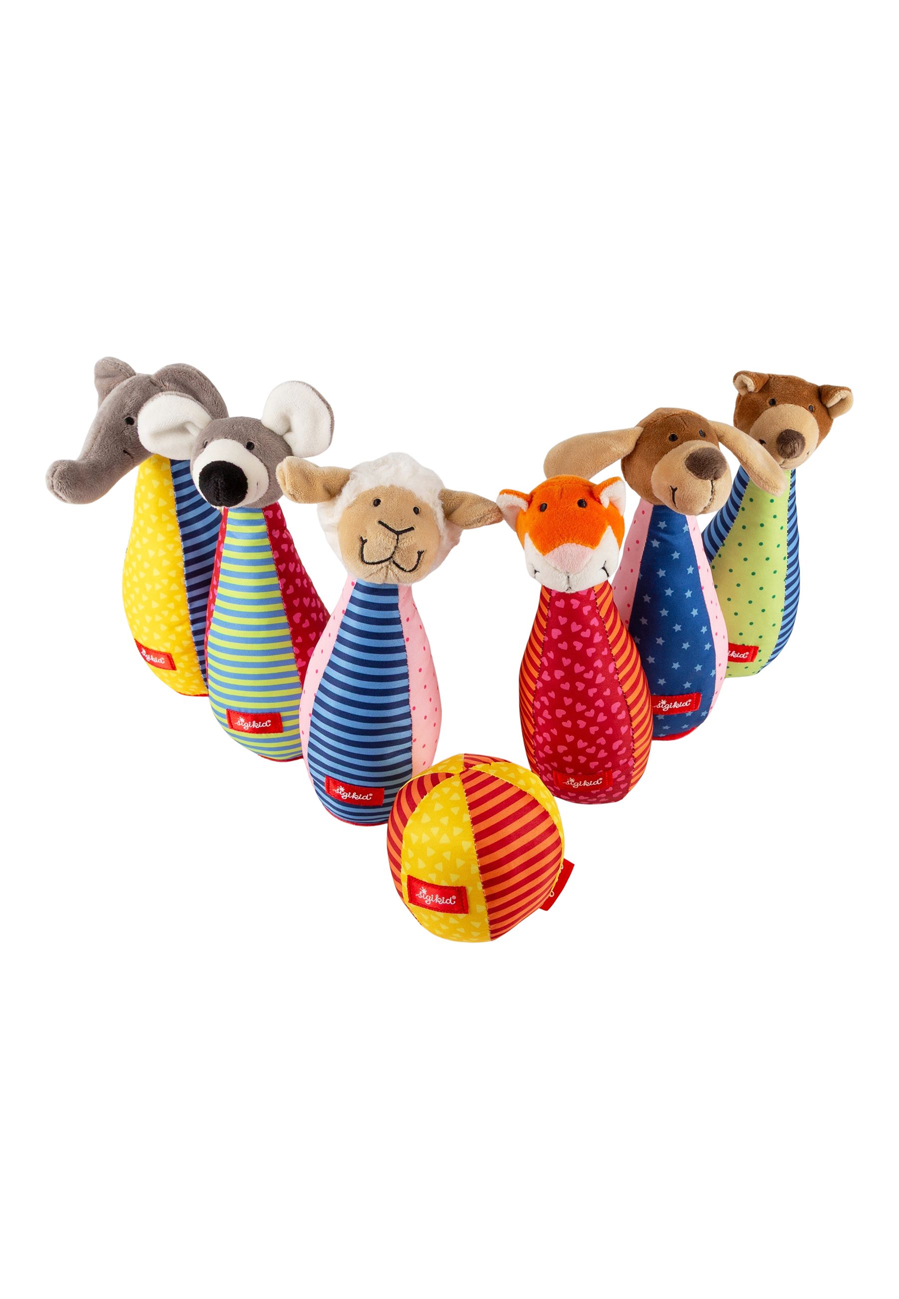 Kegelspiel mit 6 Stofftierfiguren und Softball. Figuren in Tierform, farbig gemustert. Ball rot-gelb gestreift.