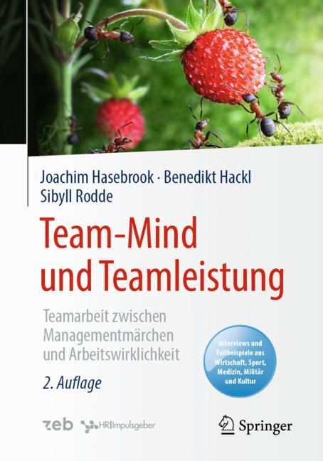 Buchcover mit Titel "Team-Mind und Teamleistung". Autoren: Hasebrook, Hackl, Rodde. Verlag Springer. 2. Auflage. Hintergrund: Erdbeeren und Ameisen.
