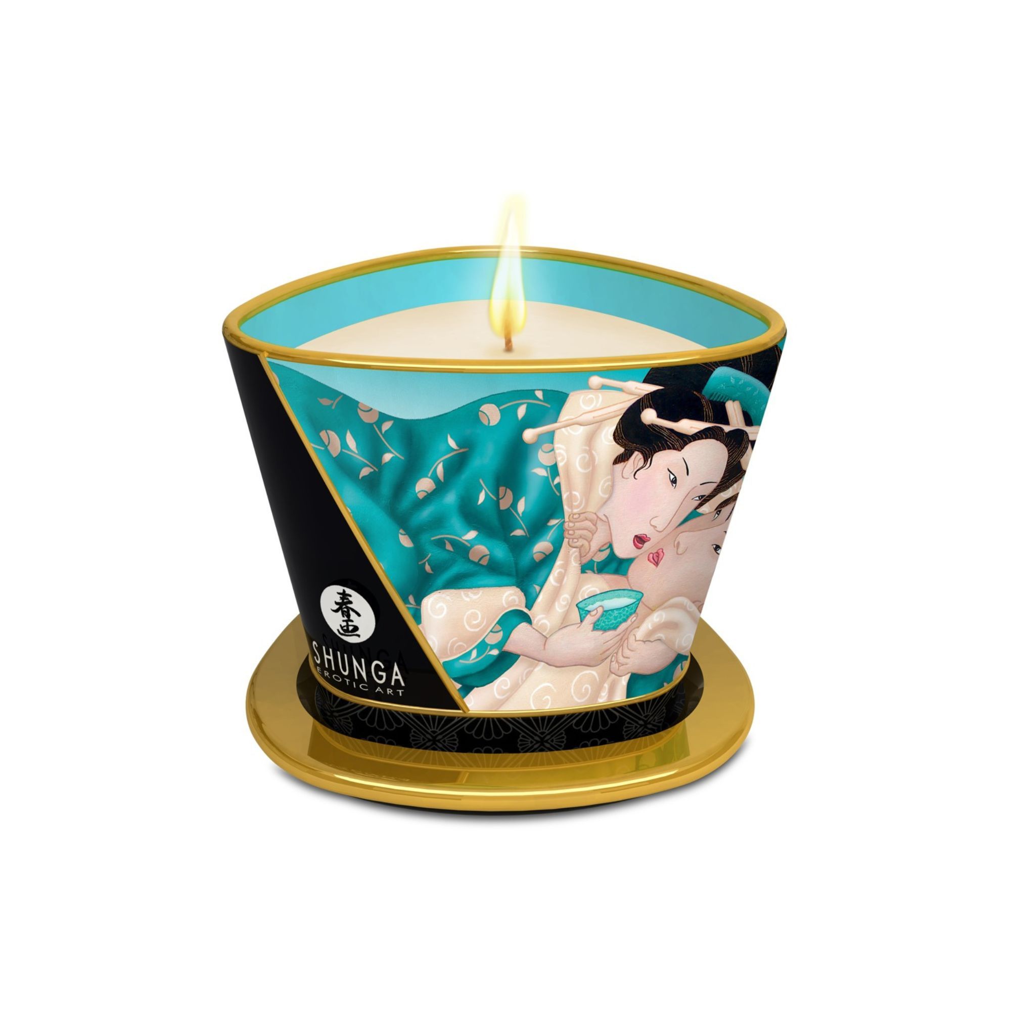 Kerze in dreieckiger Form mit goldenem Rand. Aufdruck mit Frauenmotiv. Marke Shunga.