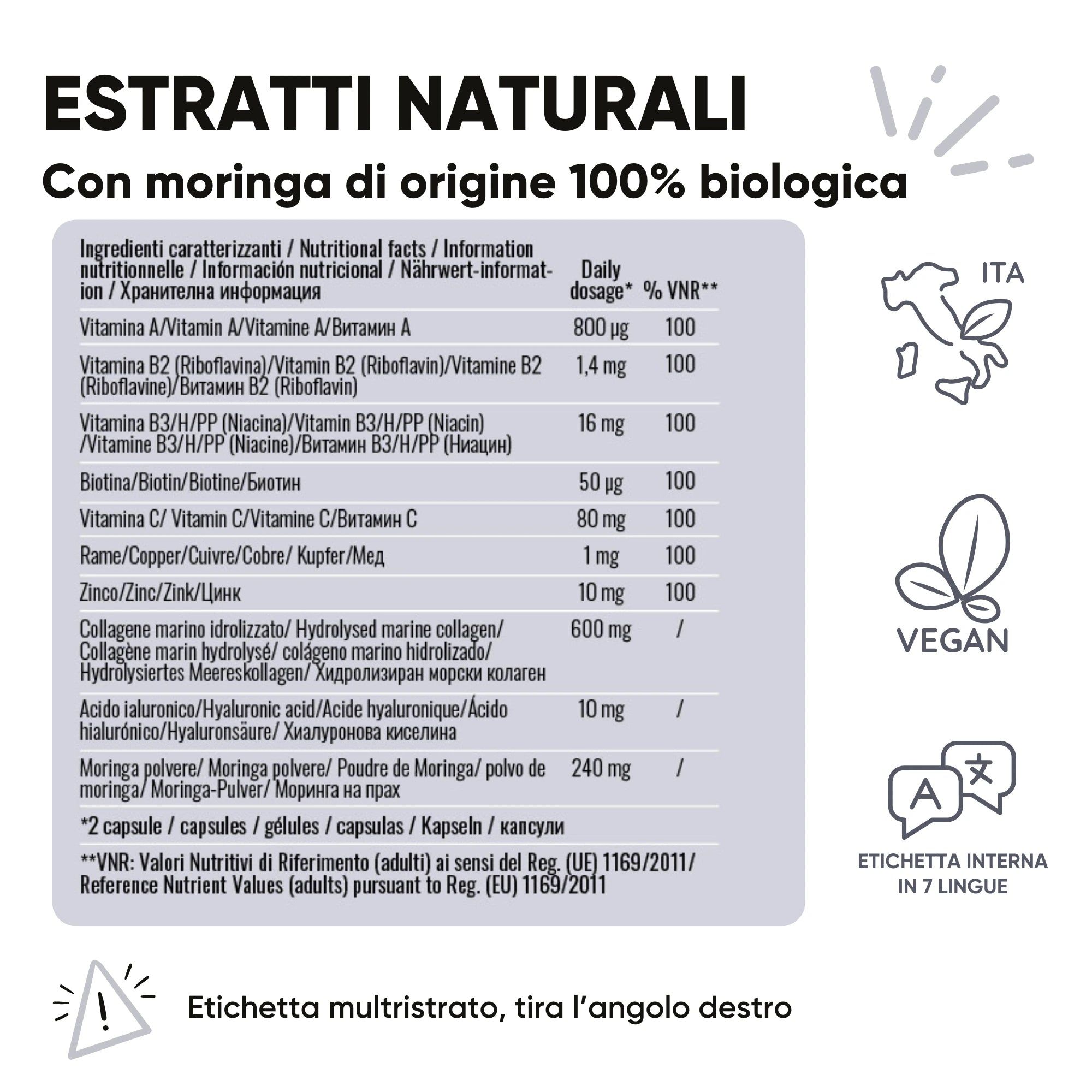 Nährwertangaben und Siegel für RedMoringa: Vegan, 100% natürlich, Etikett in 7 Sprachen.