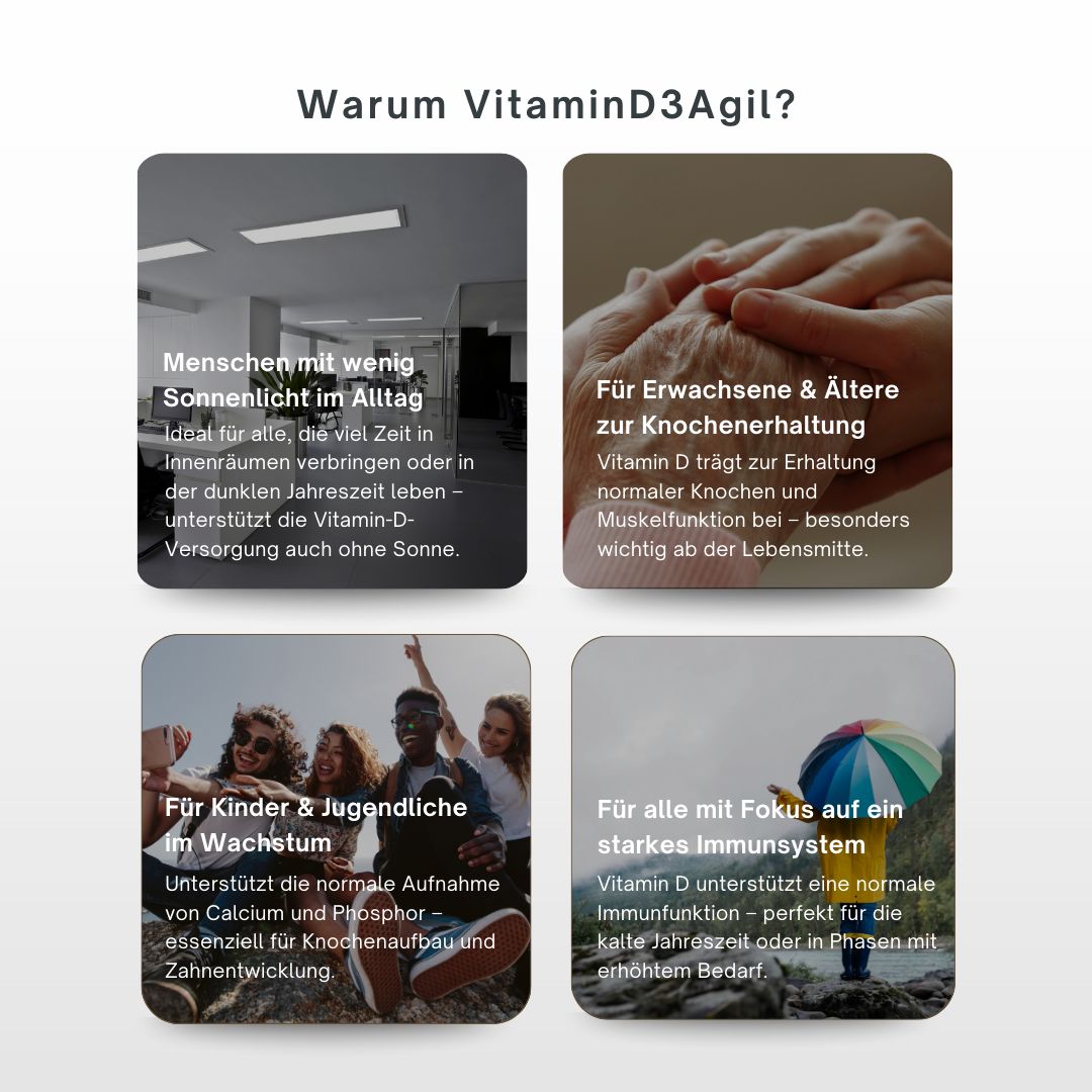 Vier quadratische Bilder mit Text. Themen: Menschen im Alltag, Erwachsene & Ältere, Kinder & Jugendliche, starkes Immunsystem.