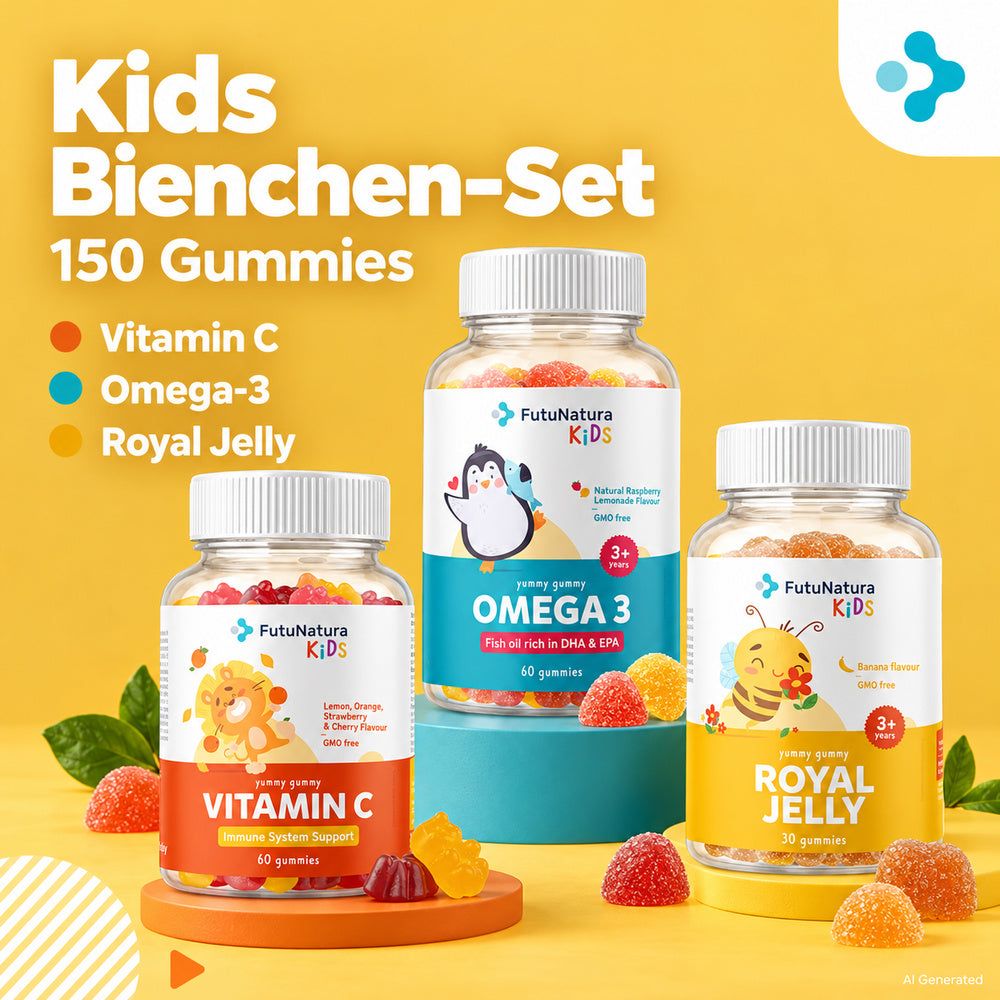 Drei Flaschen FutuNatura Kids Gummis: Vitamin C, Omega 3 und Royal Jelly auf einem Tisch.