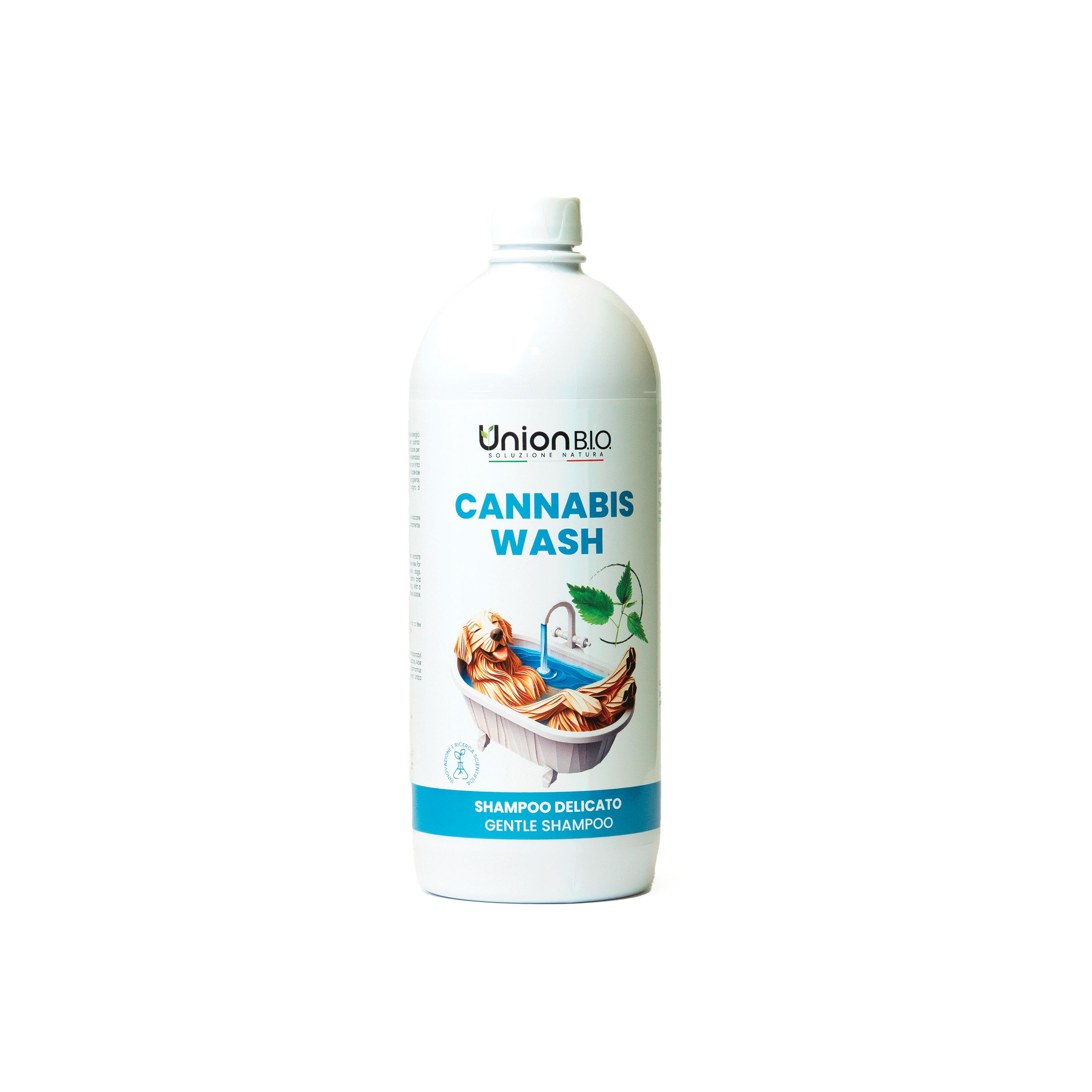 Weiße Flasche mit Union B.I.O. Cannabis Wash. Aufdruck mit Hund in Badewanne. Text: Cannabis Wash, Shampoo delicato, Gentle Shampoo.