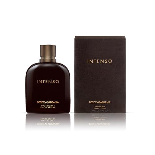 Dunkelbraune Flasche und Verpackung. Aufschrift INTENSO, DOLCE & GABBANA, Pour Homme. EdP Nat. Spray. 100 ml.