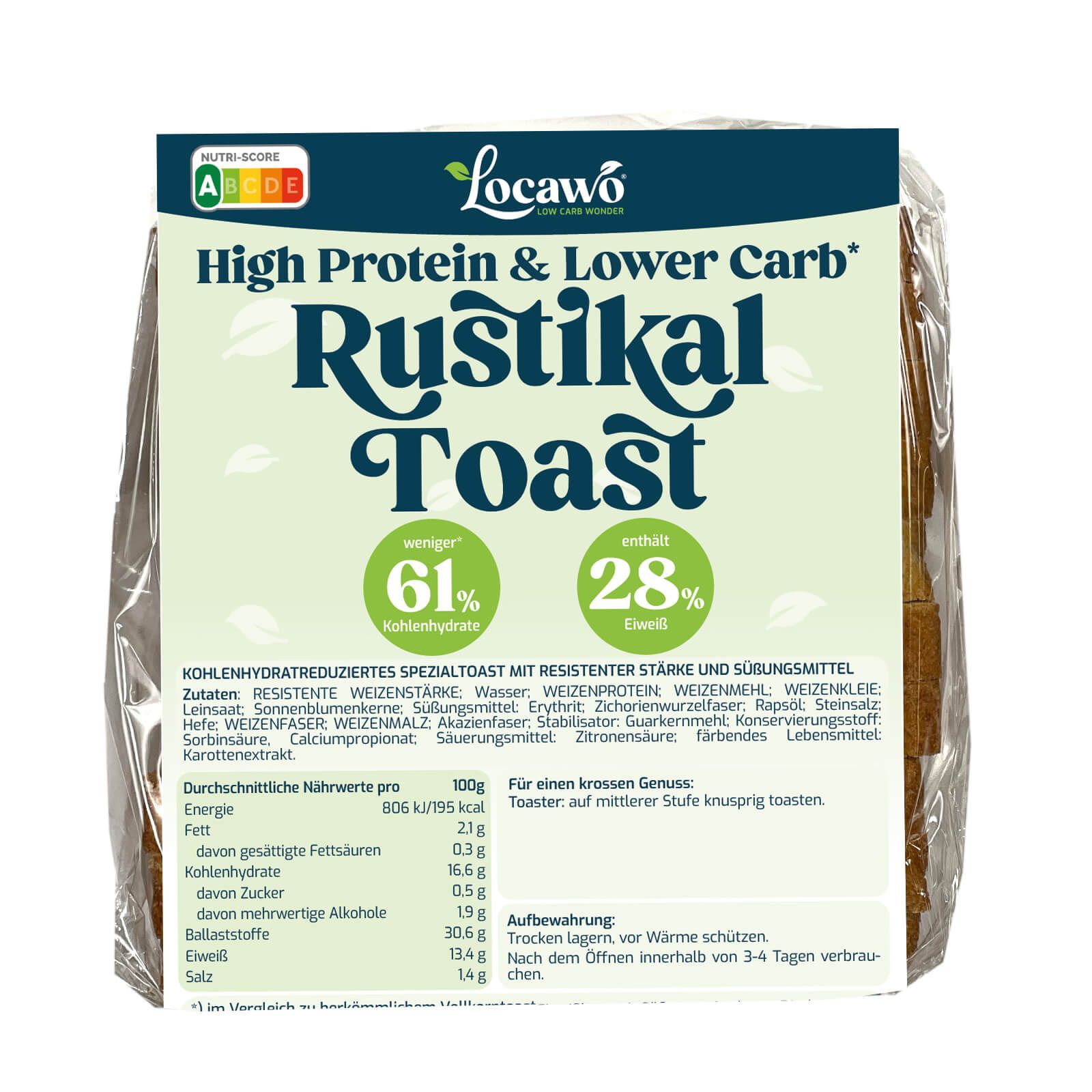 Toastbrot in Folie verpackt. Aufdruck: Locawo, High Protein & Lower Carb, Rustikal Toast. Enthält 61% weniger Kohlenhydrate und 28% Eiweiß.