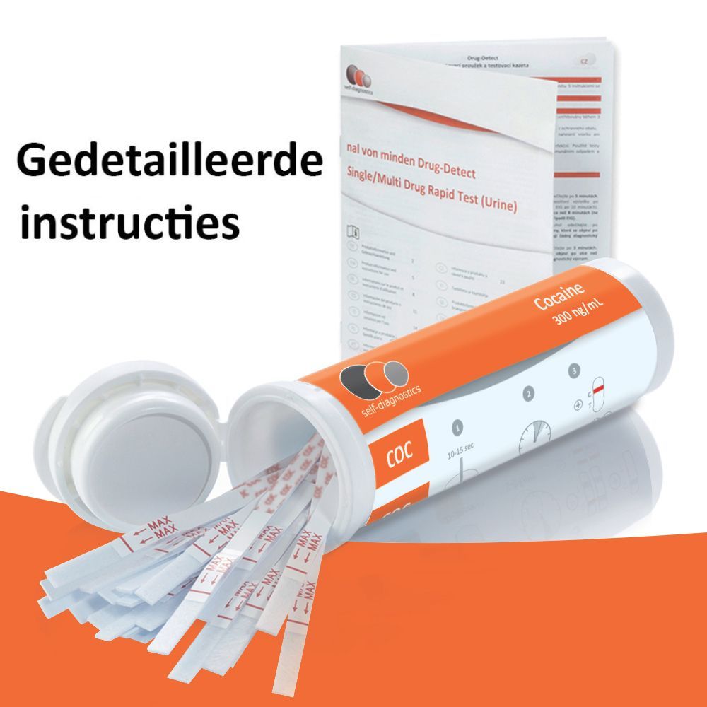 Container met teststrips. Opschrift: COC, self-diagnostics, cocaïne. Instructies op de achtergrond. Oranje achtergrond.