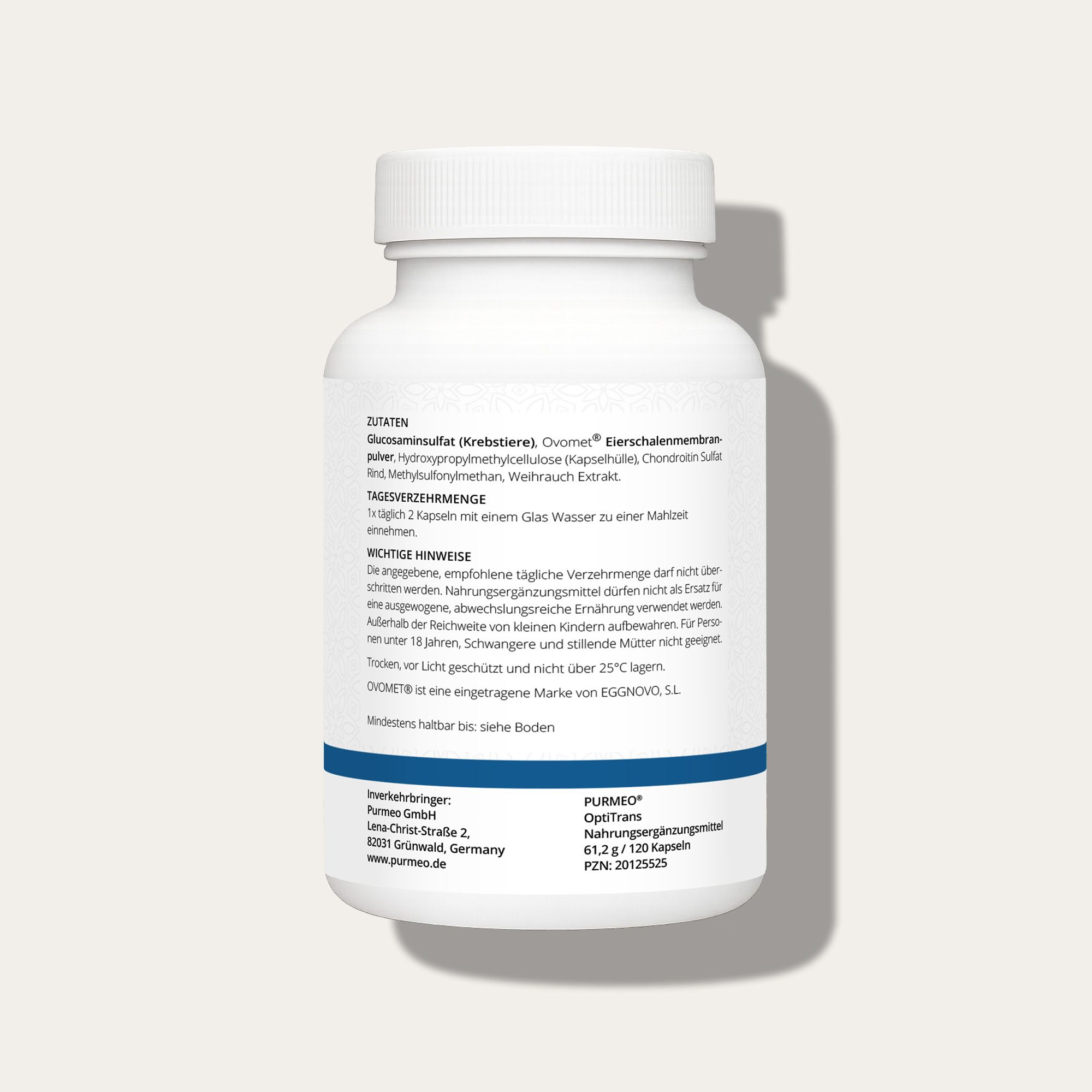 Rückseite einer weißen Flasche. Zutatenliste: Glucosaminsulfat, Ovomet, Methylcellulose, Chondroitin, Weihrauch Extrakt. Hinweise zur Einnahme und Warnhinweise.