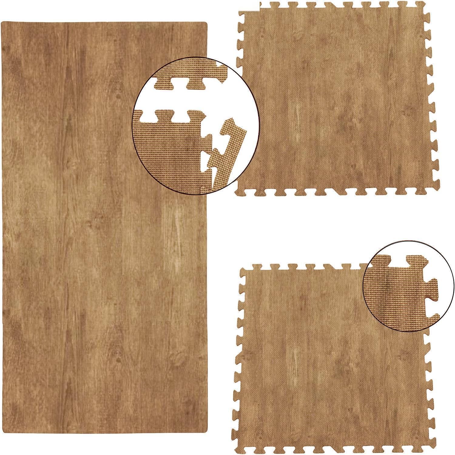 Braune Schutzmatten in Holzoptik. Puzzle-Design mit Zahnkanten. Detailansicht der Oberfläche mit Holzmaserung.