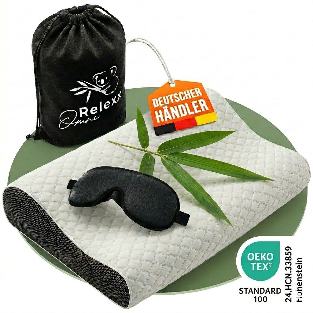 Kissen, Schlafmaske, Bambusblatt. Text: Deutscher Händler. Oeko-Tex Standard 100 Zertifizierung. Schwarze Schlafmaske.