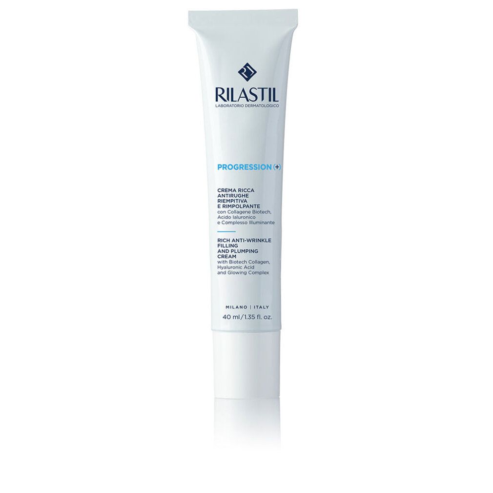 Weiße Tube mit blauer Schrift. Enthält Progression Creme. Text: Rich Anti-Wrinkle Filling and Plumping Cream. 40 ml.