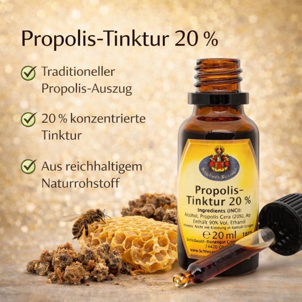 Braune Glasflasche mit gelbem Etikett. Tropfer liegt daneben. Text: Propolis-Tinktur 20%.