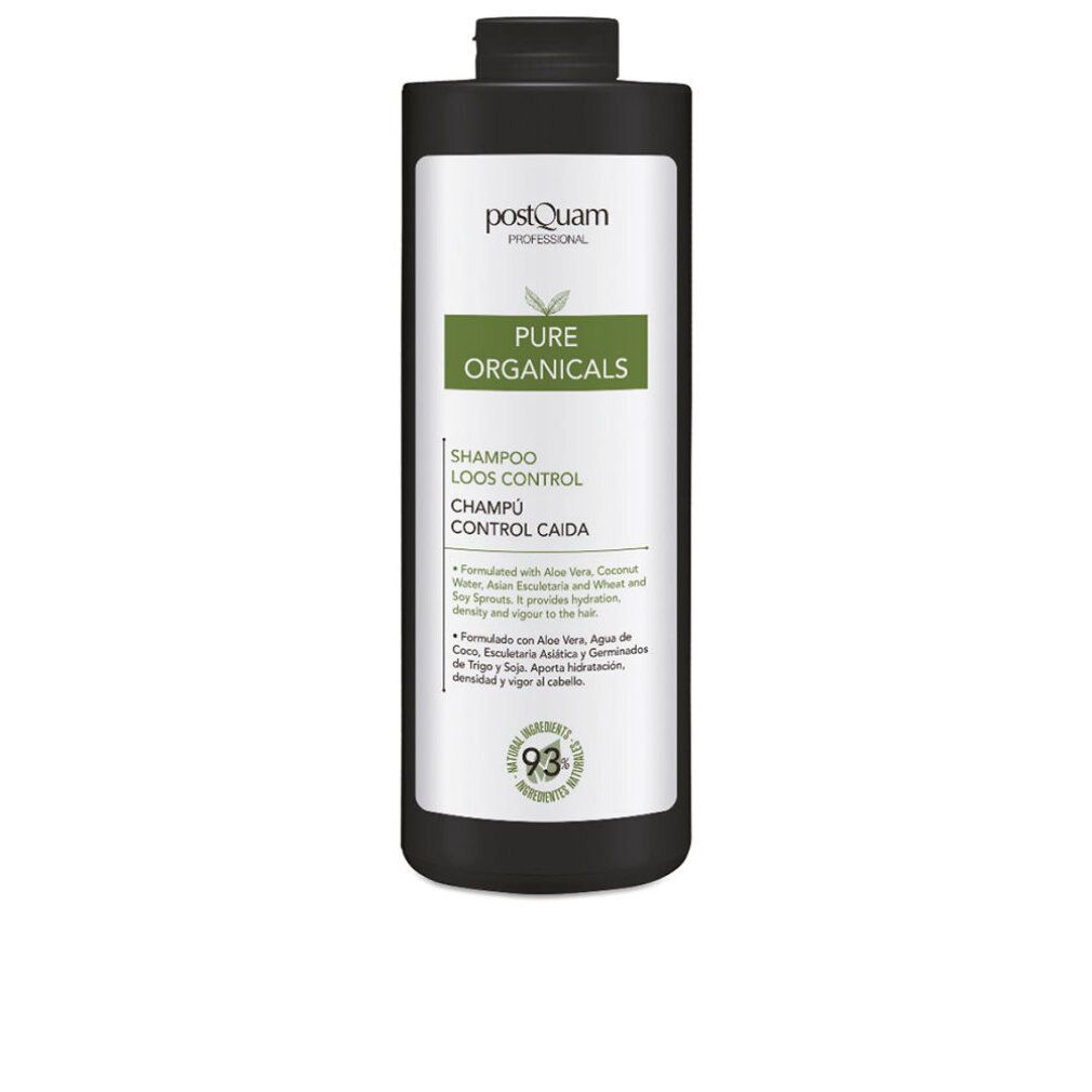 Schwarze Shampoo-Flasche mit weißem Etikett. Text: Pure Organicals, Shampoo Loos Control, 93% natürliche Inhaltsstoffe.