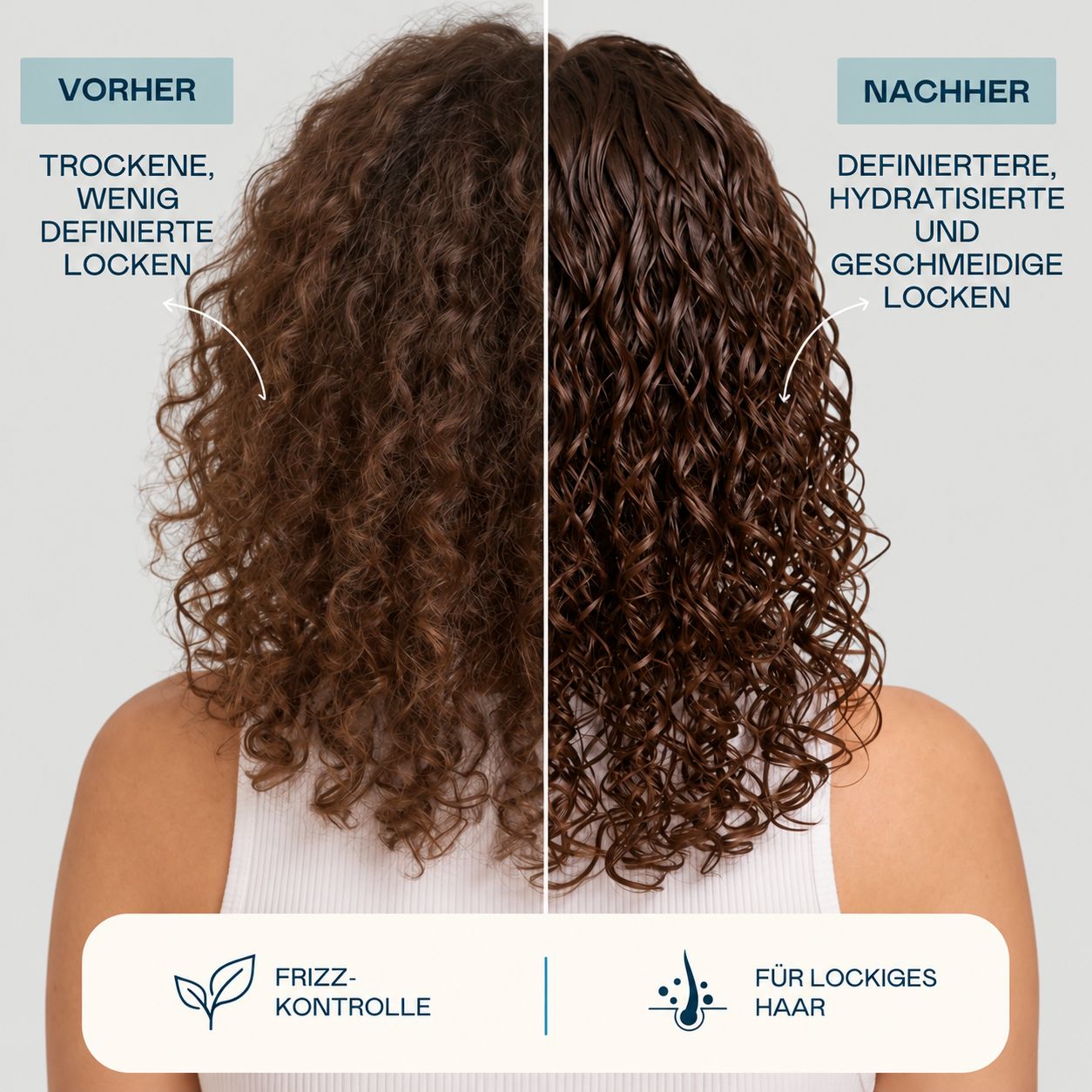 Vorher/Nachher-Vergleich von Locken, behandelt mit Frizz-Kontrolle.