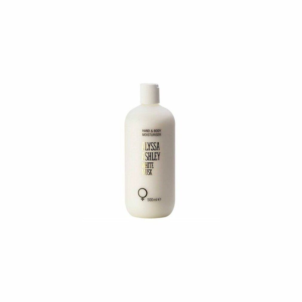 Flacone bianco "Alyssa Ashley White Musk". Testo: "Hand & Body Moisturiser". 500 ml.