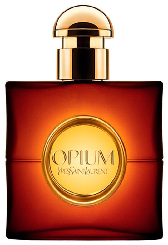 Dunkelroter Flakon mit goldenem Verschluss. Auf der Vorderseite goldener Kreis mit "Opium" und "Yves Saint Laurent".