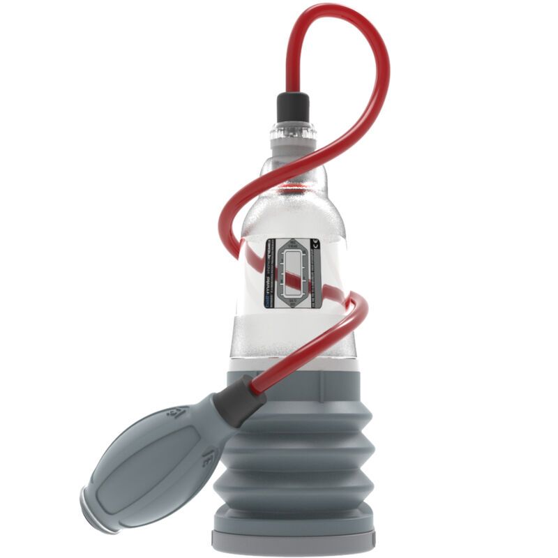 Pumpe mit rotem Schlauch, grauem Balg. Transparente Kammer, grauer Balg, roter Schlauch.