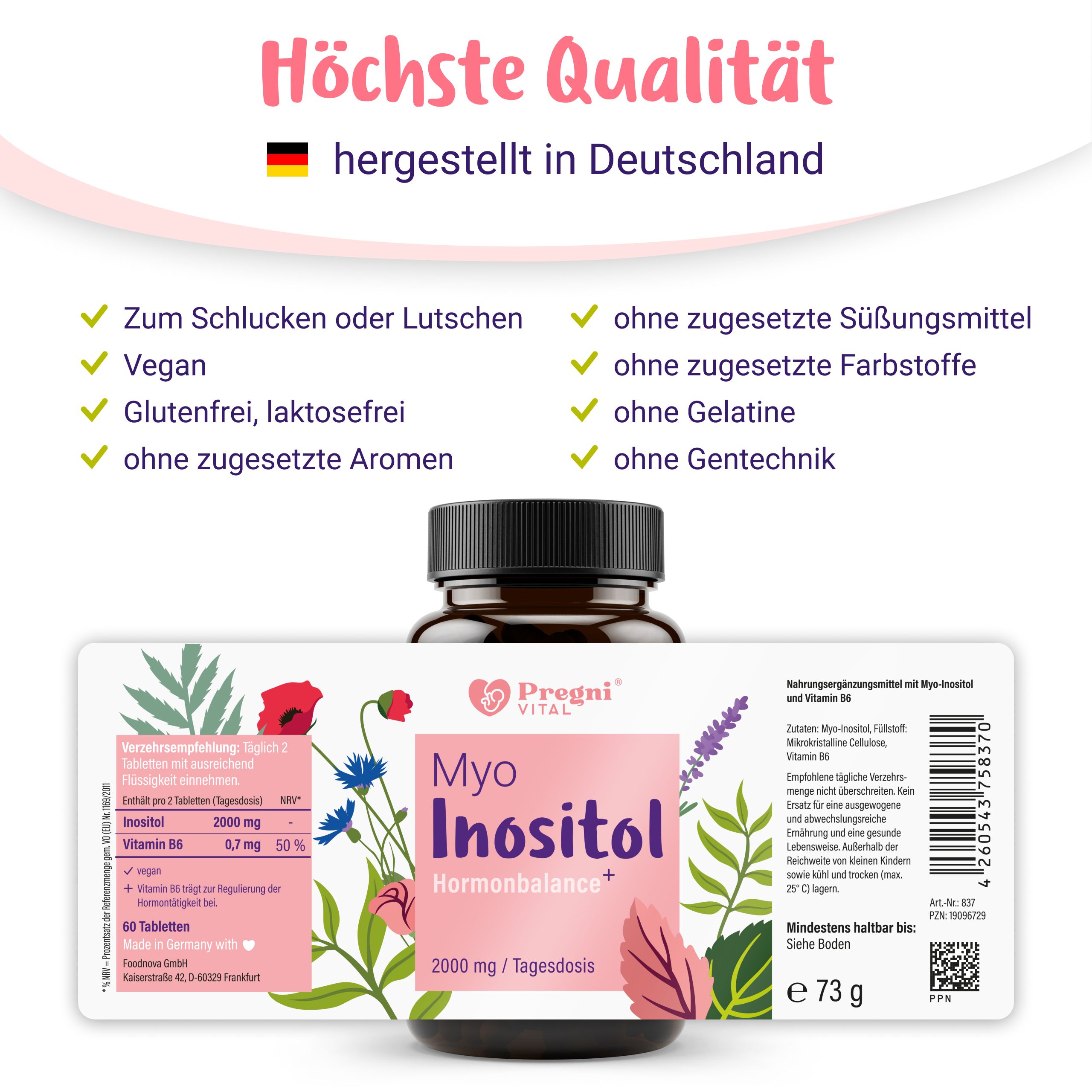 PregniVital Myo-Inositol Dose, hergestellt in Deutschland. Liste mit Produktvorteilen.