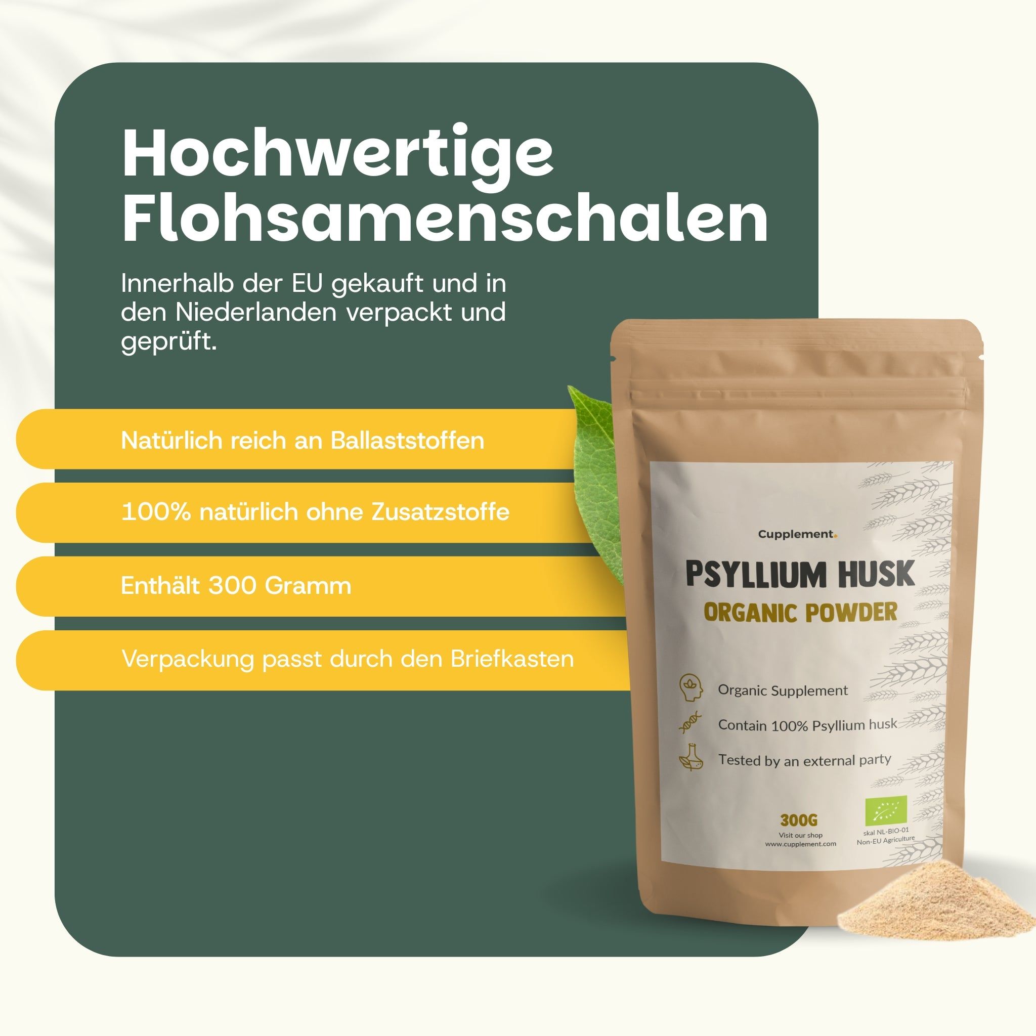 Beutel mit Psyllium Husk. Text: Psyllium Husk, Organic Powder, 300g, natürlich, ohne Zusätze.