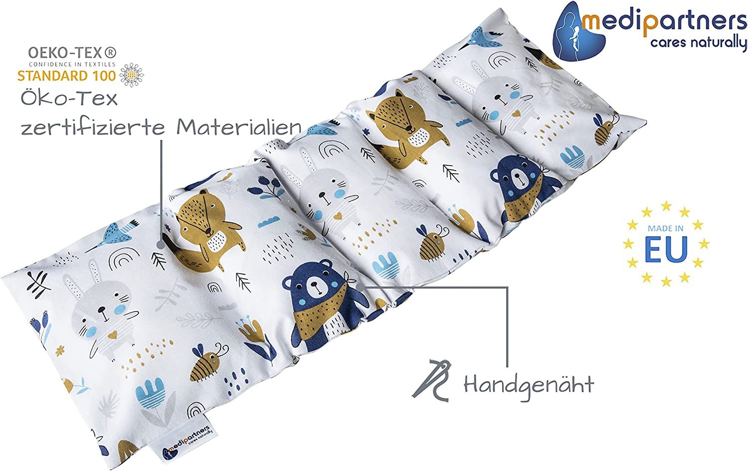Kissen mit Tiermuster, Öko-Tex-Zertifizierung. Handgenäht. Logo: medipartners cares naturally. Made in EU.
