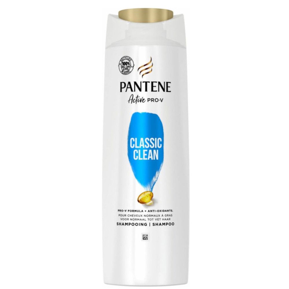 Weiße Shampoo-Flasche mit goldfarbenem Deckel. Aufschrift: Pantene Active PRO-V Classic Clean. Blaue Grafik mit gelbem Tropfen.