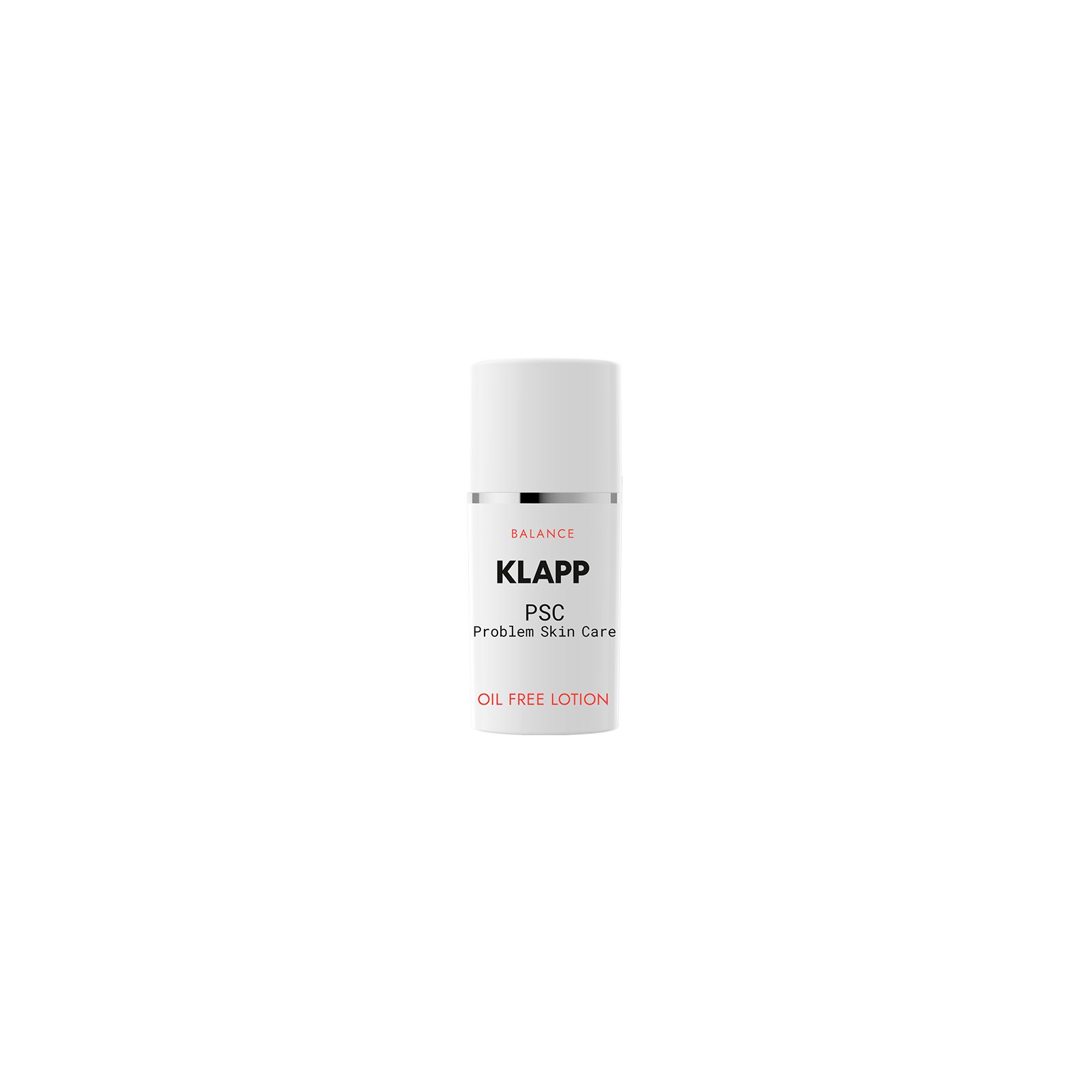 Klapp PSC Oil Free Lotion. Weiße Flasche mit silbernem Ring und schwarzer Schrift.