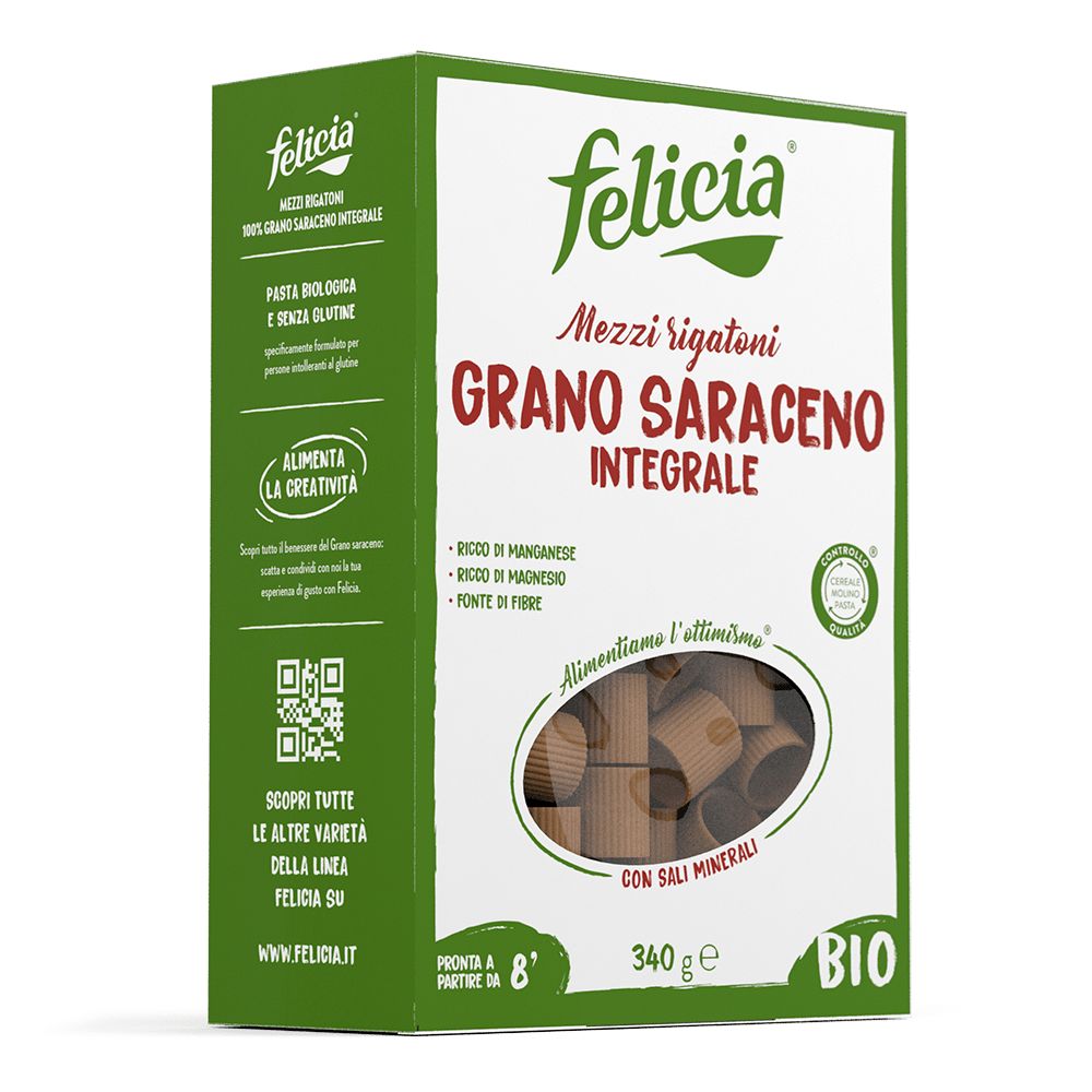 Confezione di pasta Felicia Mezzi Rigatoni di grano saraceno integrale. L'imballaggio mostra il prodotto, gli ingredienti e la certificazione biologica. Sono presenti informazioni come "senza glutine" e "ricco di fibre". La confezione contiene 340g ed è pronta in 8 minuti.