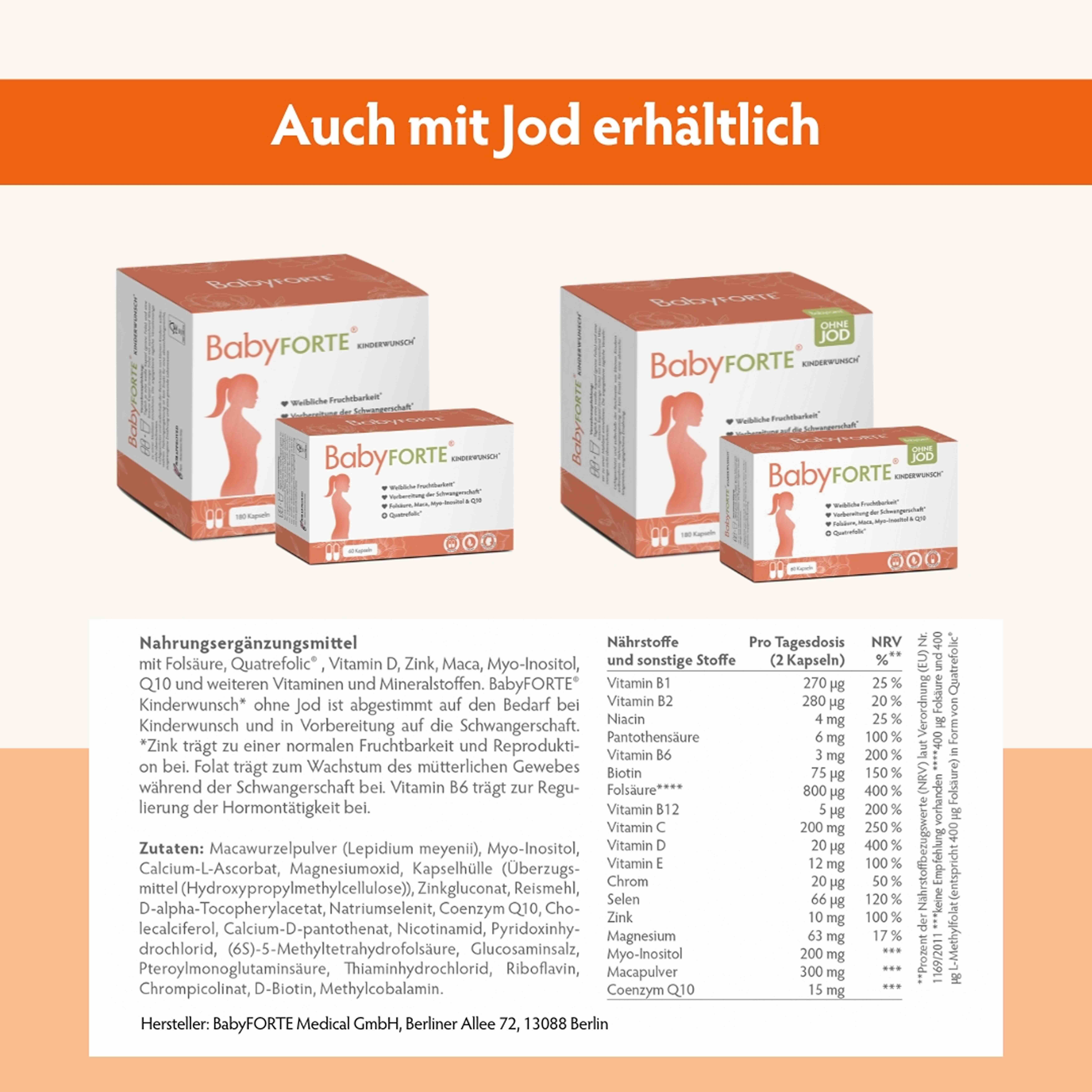 Produktverpackungen von BabyFORTE® in verschiedenen Größen. Text: Nahrungsergänzungsmittel, Inhaltsstoffe, Nährwerttabelle. Auch mit Jod erhältlich.