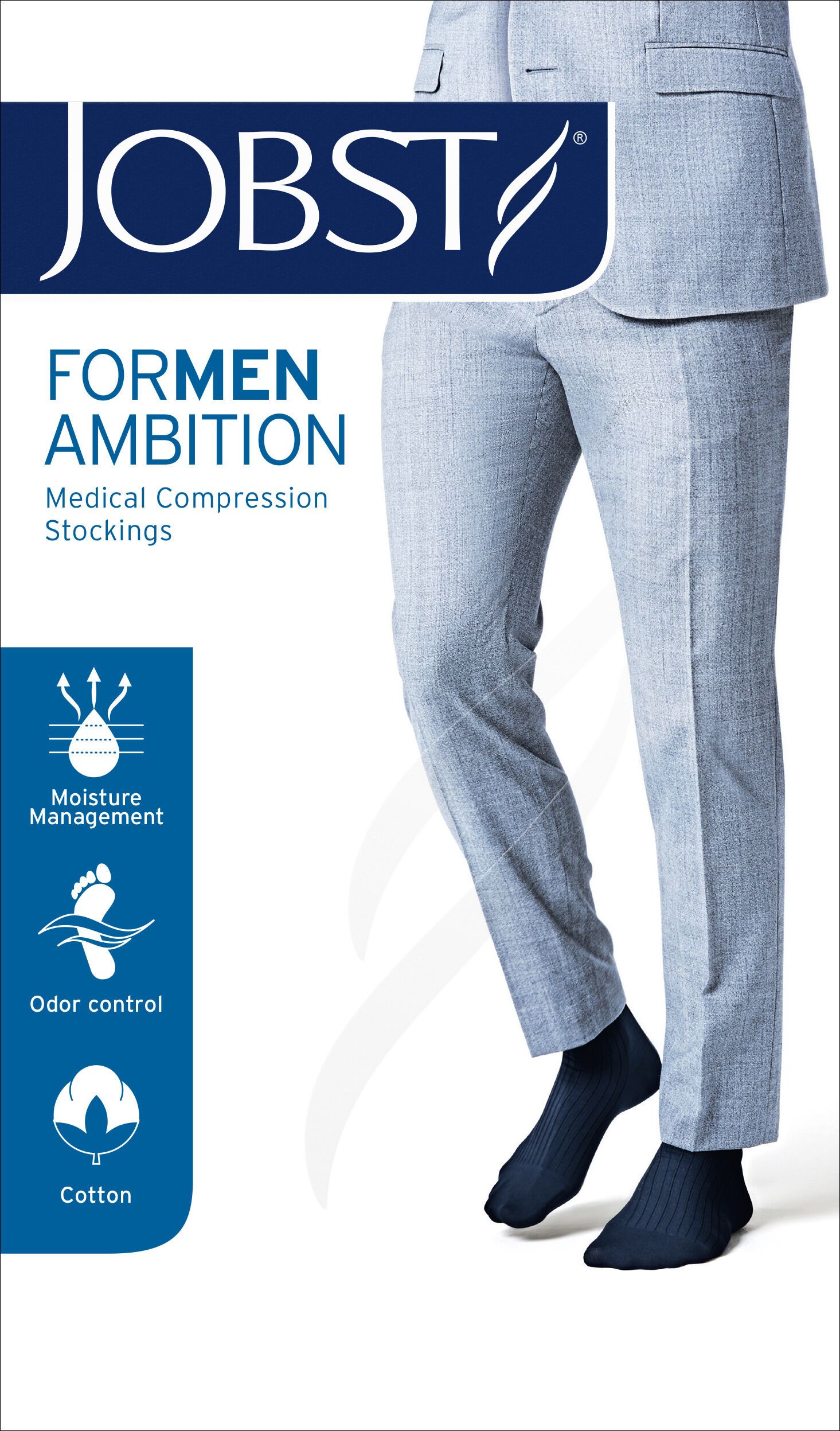 Man in pak met zwarte compressiekousen. Blauwe verpakking met JOBST, FORMEN AMBITION, Medical Compression Stockings.