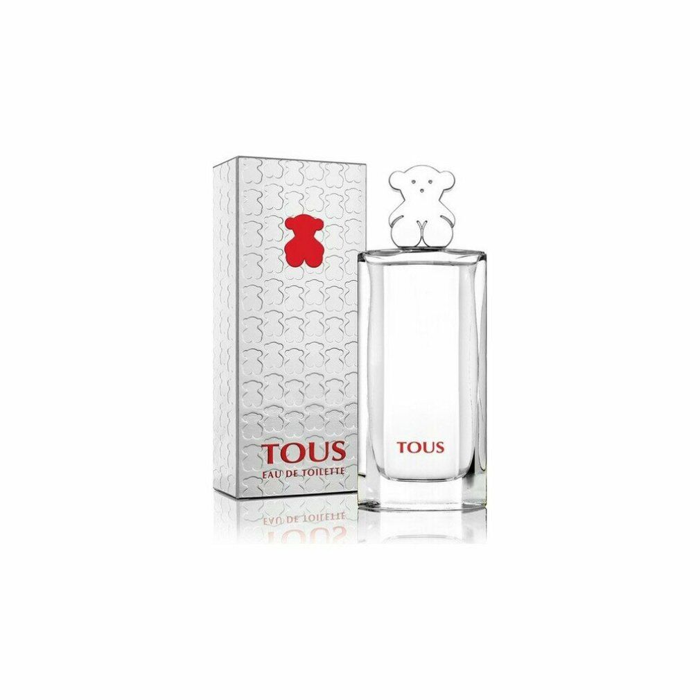 Tous Eau De Toilette Flakon und Schachtel. Der Flakon ist rechteckig mit einem Bären-Deckel. Die Schachtel ist weiß mit Logo.